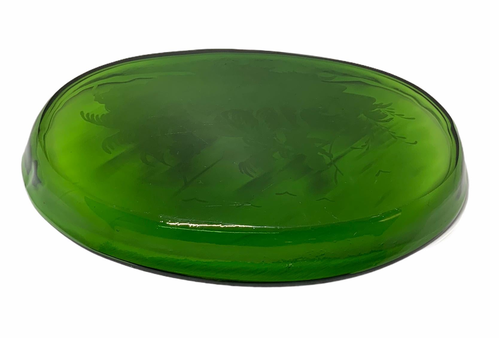 Mary Gregory Emerald Green Glass Hand Painted Enamel Large Oval Plate 2