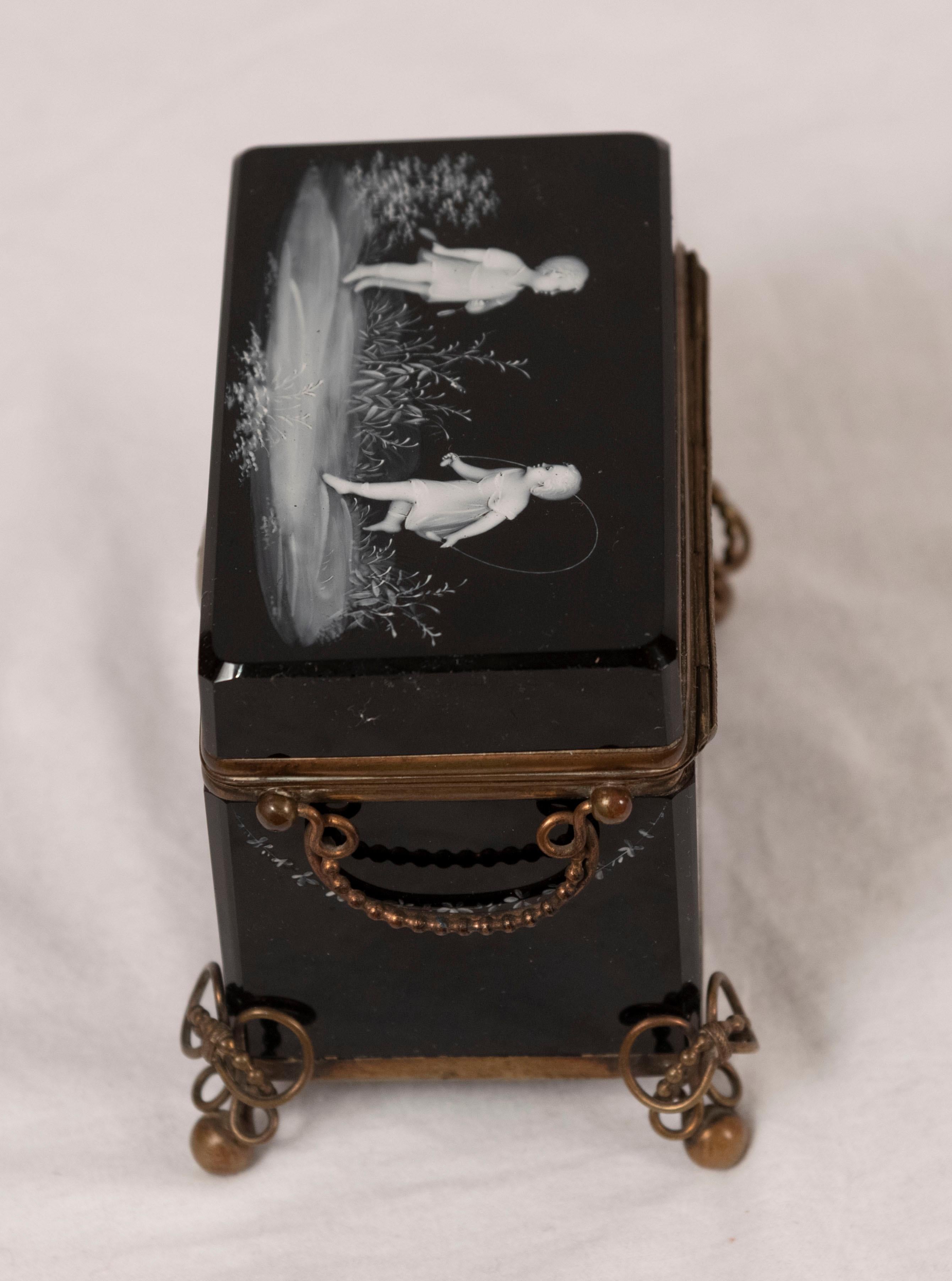 Victorian Mary Gregory Enamel Decorated Black Glass Box For Sale