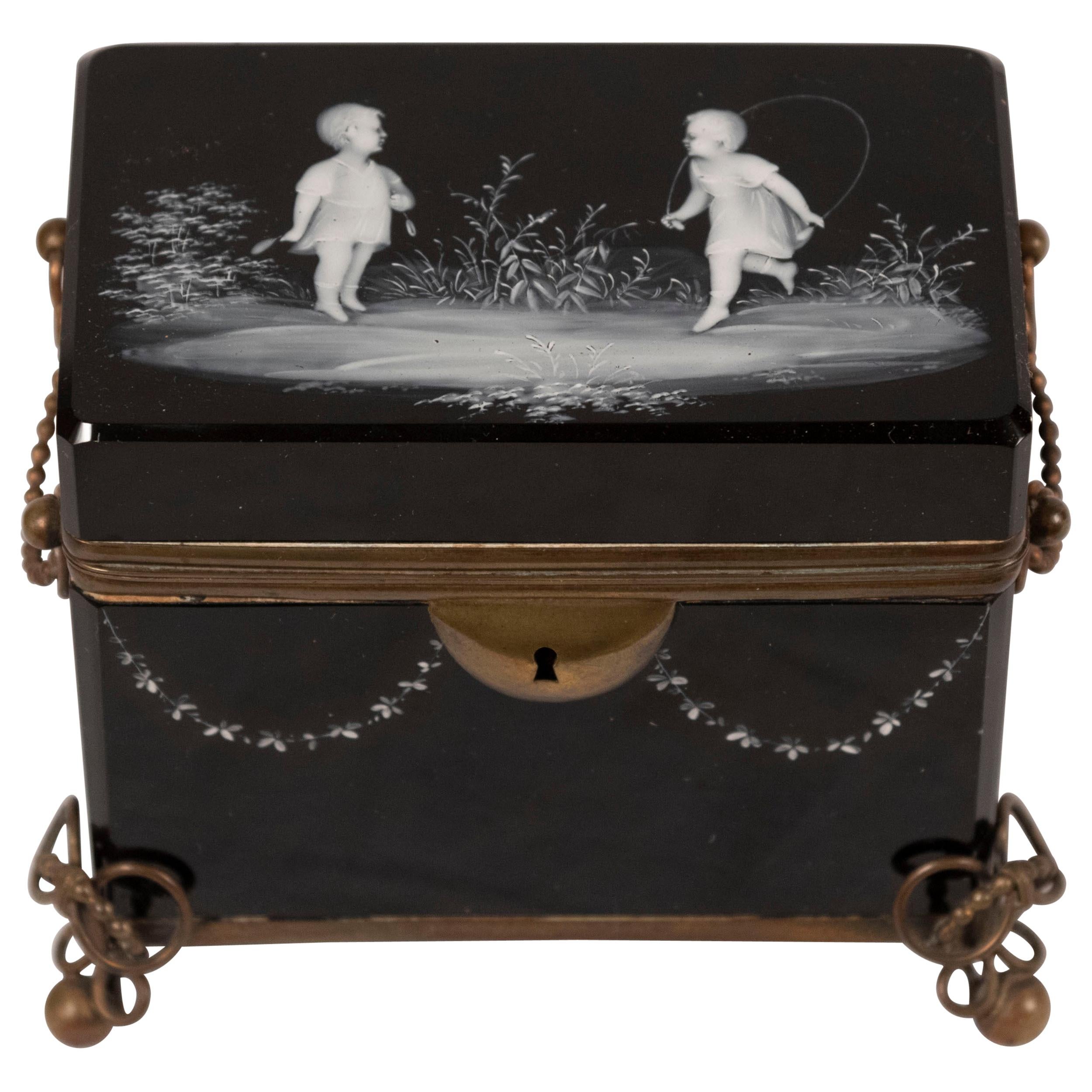 Mary Gregory Enamel Decorated Black Glass Box For Sale