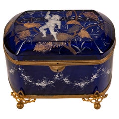 Mary Gregory Gilt and Cobalt Blue Art Glass Box