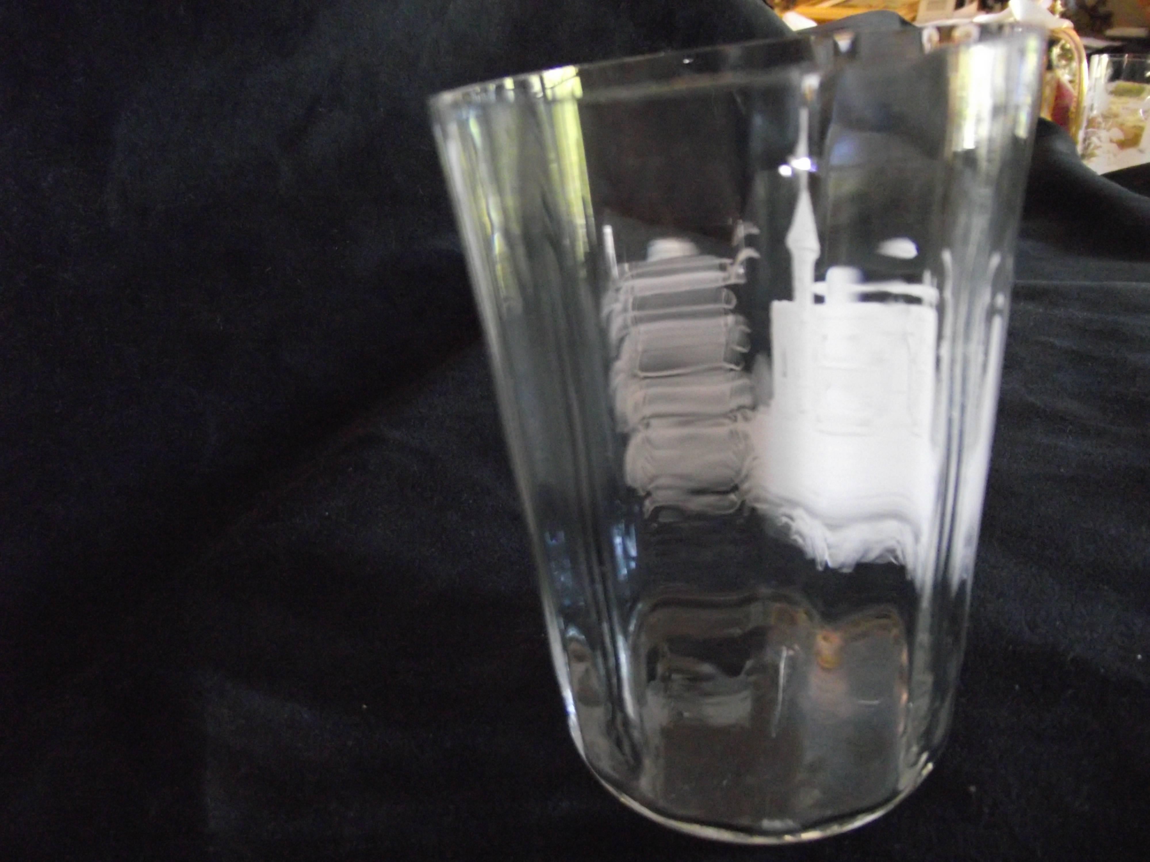 Victorian Mary Gregory Glass, Clear Glass with Castle Painted in White Porcelain For Sale