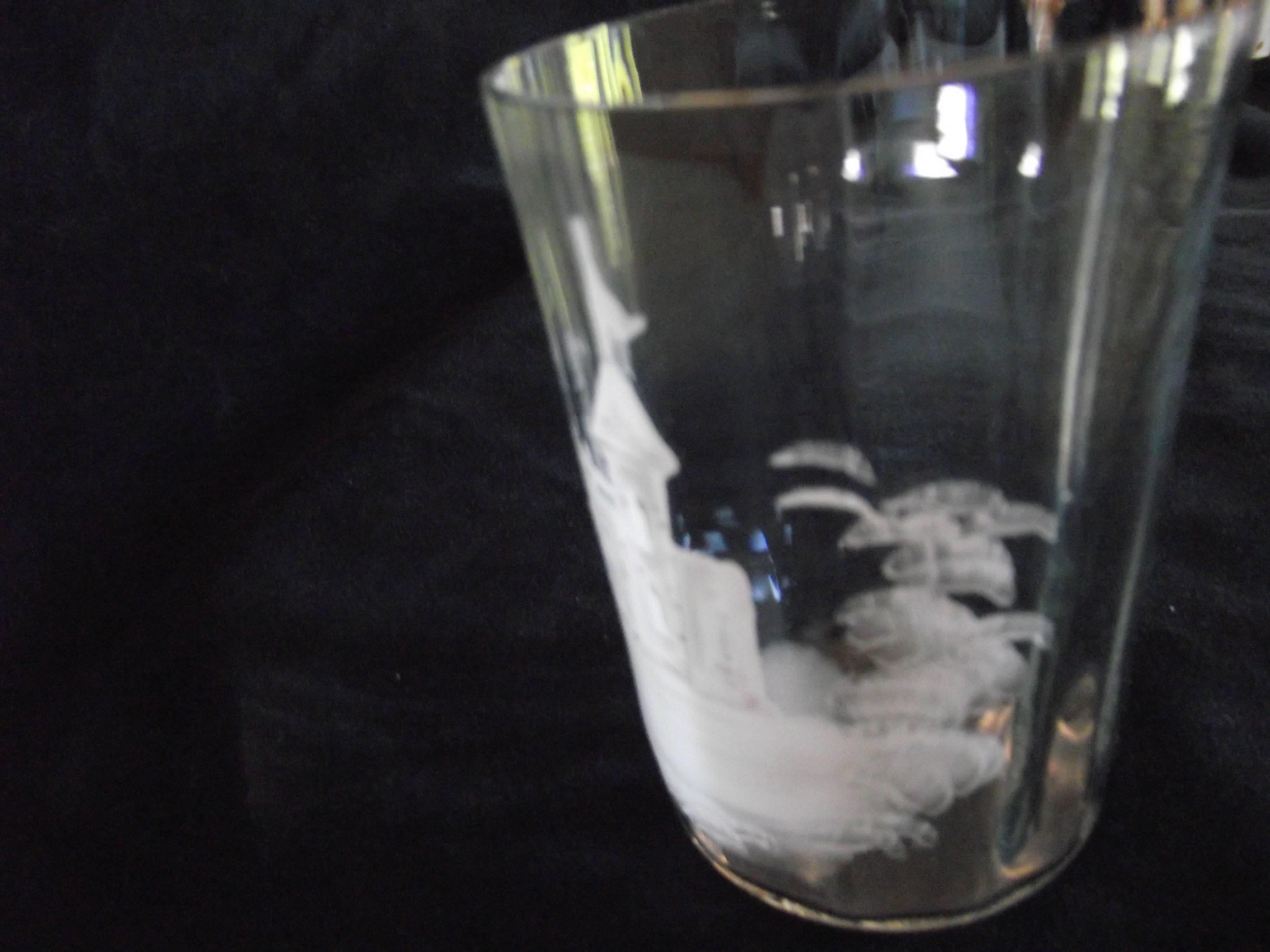 American Mary Gregory Glass, Clear Glass with Castle Painted in White Porcelain For Sale