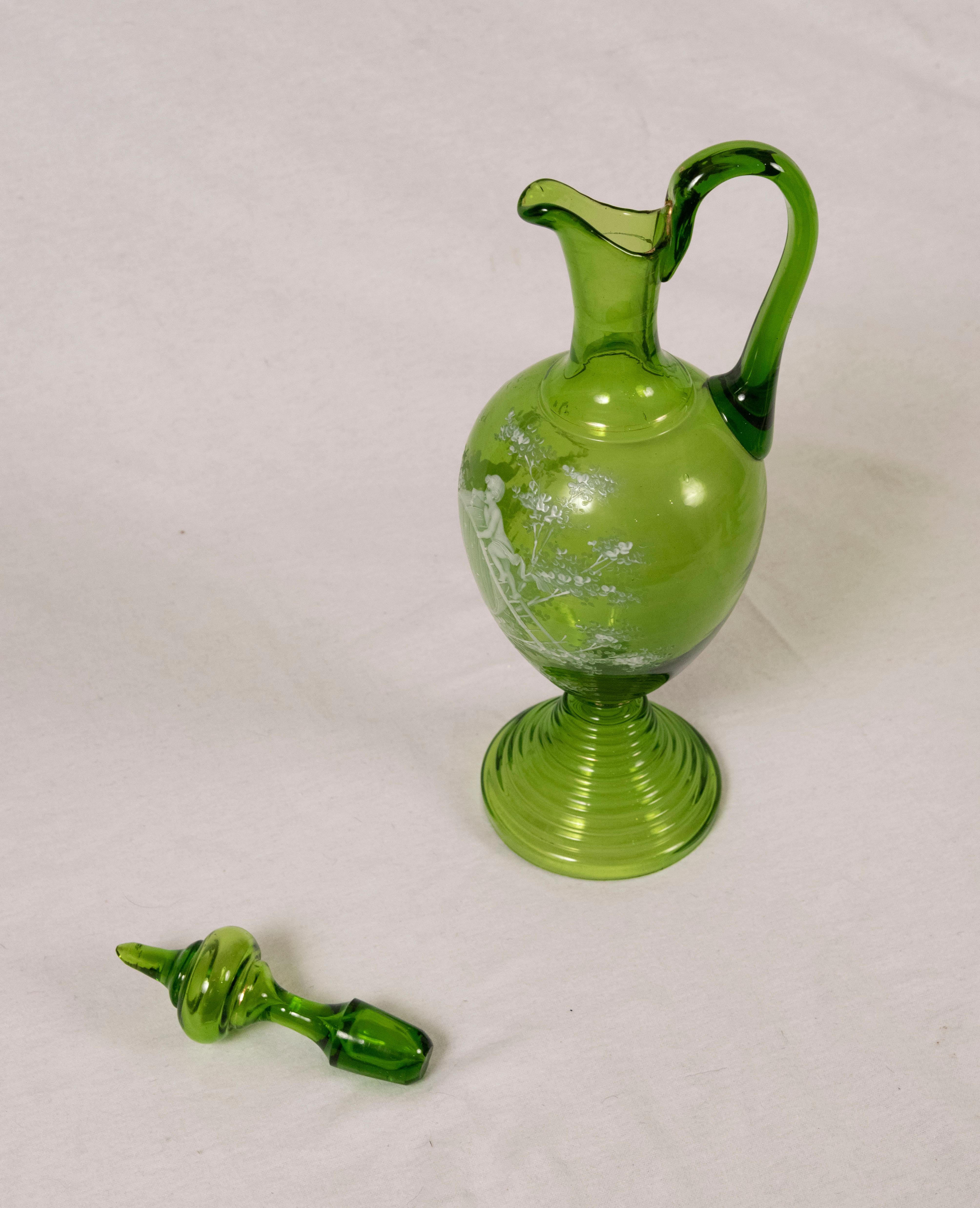 Victorian Mary Gregory Green Glass Goblet and Decanter Set
