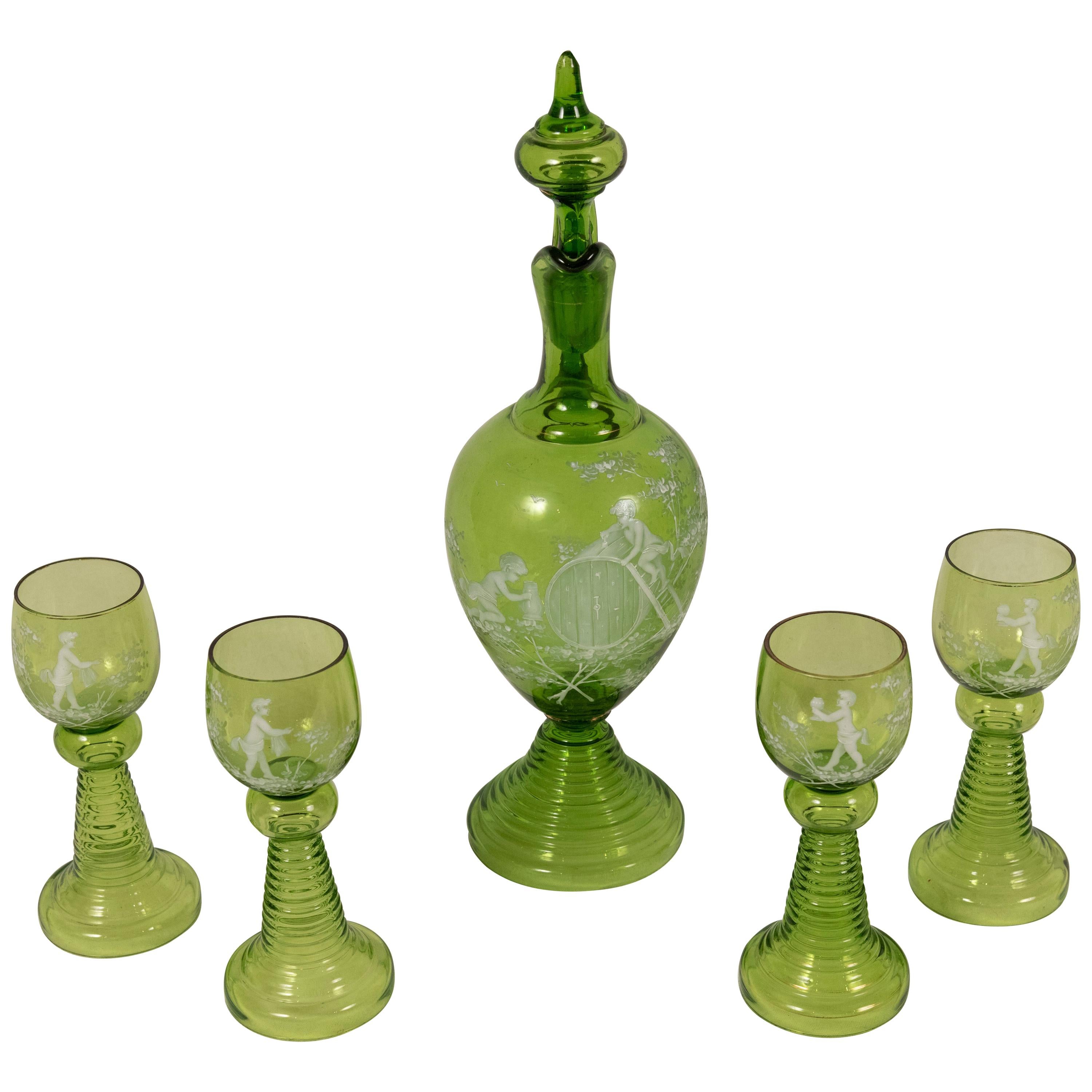 Mary Gregory Green Glass Goblet and Decanter Set