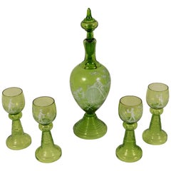 Mary Gregory Green Glass Goblet and Decanter Set