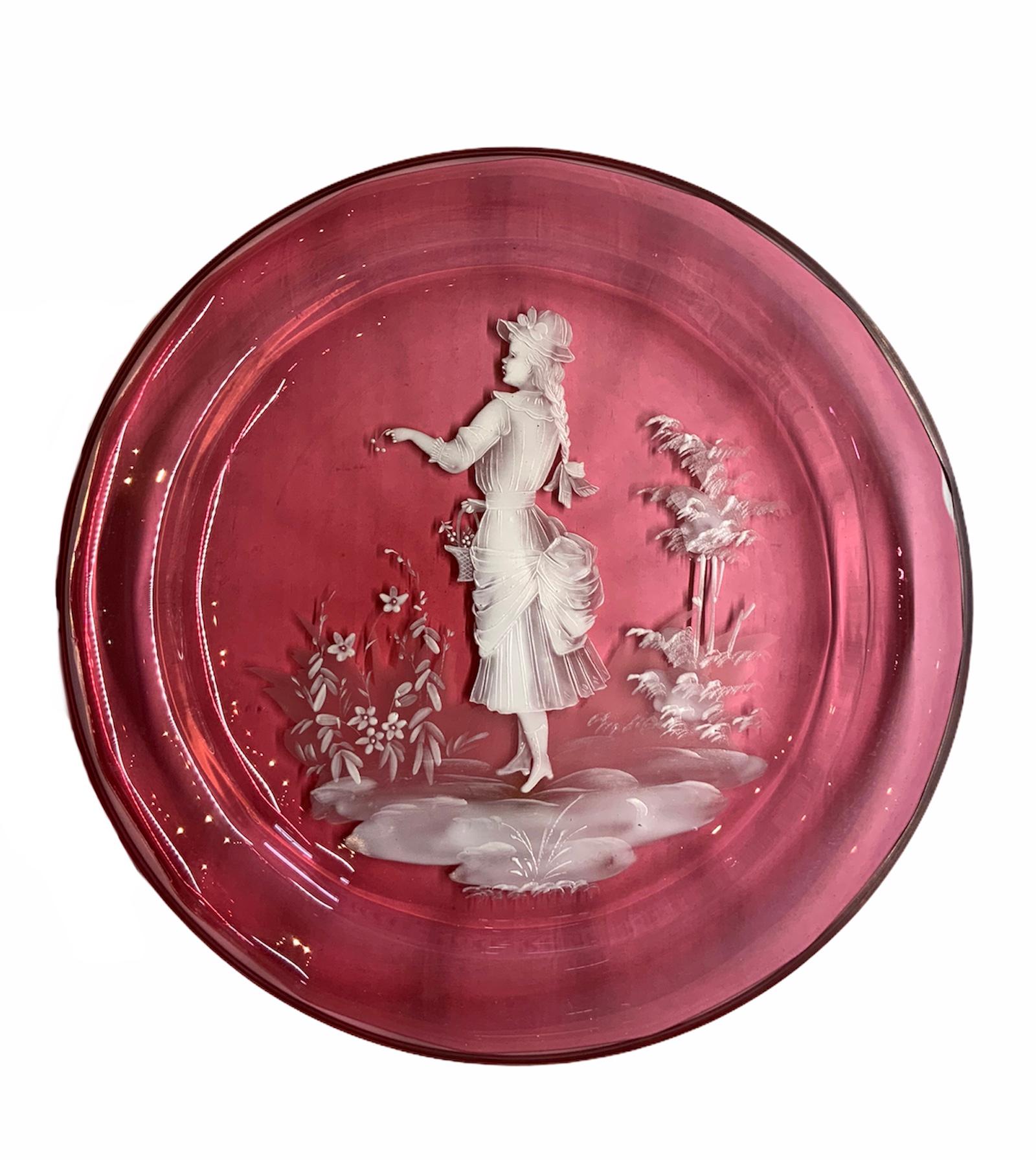 Victorian Mary Gregory Light Cranberry Color Glass Enameled Plate For Sale