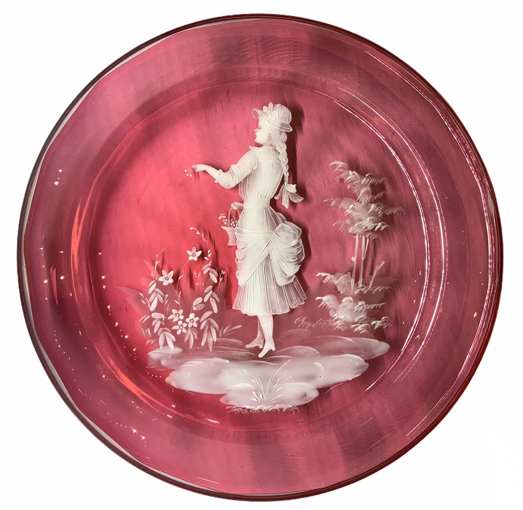 Victorian Mary Gregory Light Cranberry Color Glass Enameled Plate For Sale