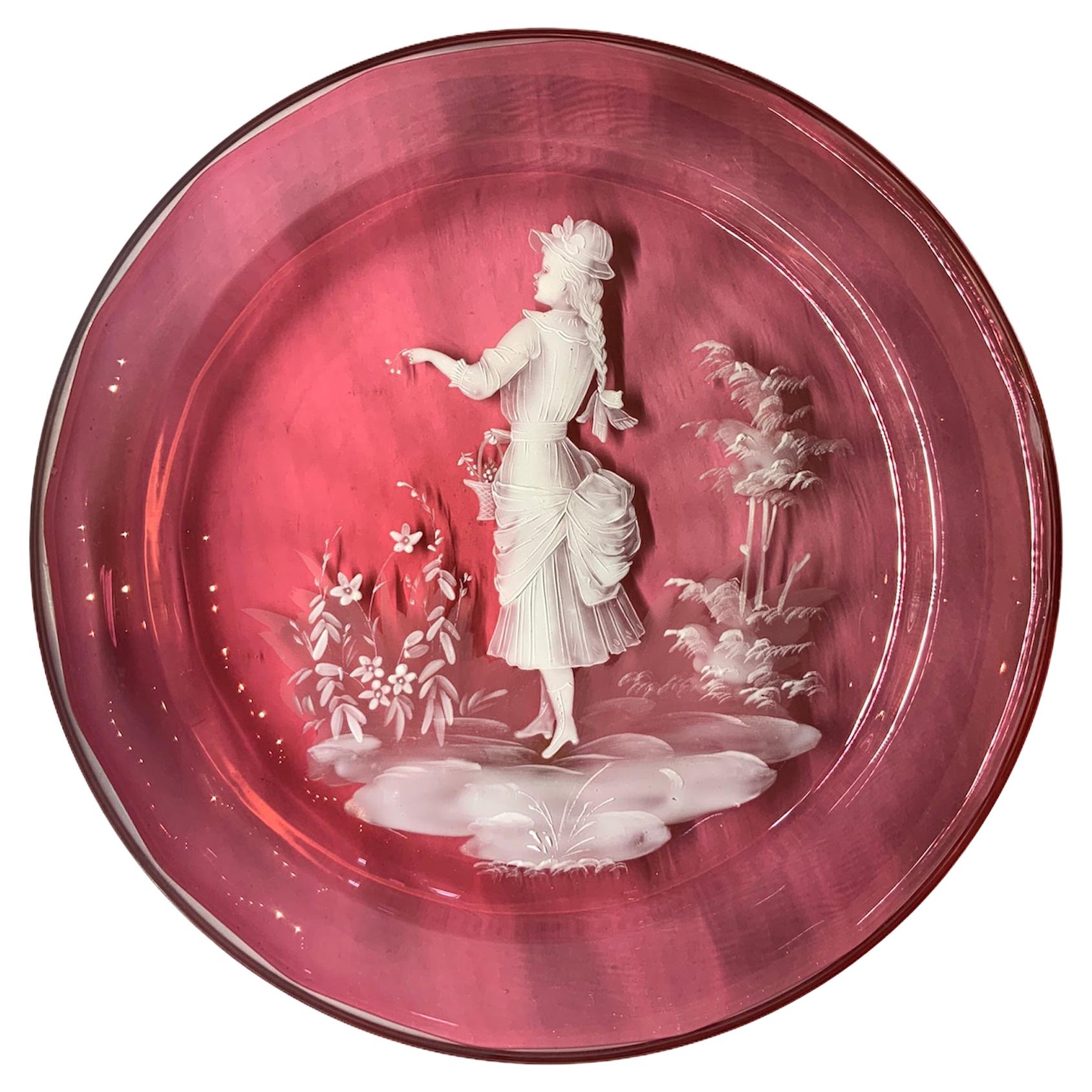 Mary Gregory Light Cranberry Color Glass Enameled Plate