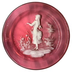 Antique Mary Gregory Light Cranberry Color Glass Enameled Plate