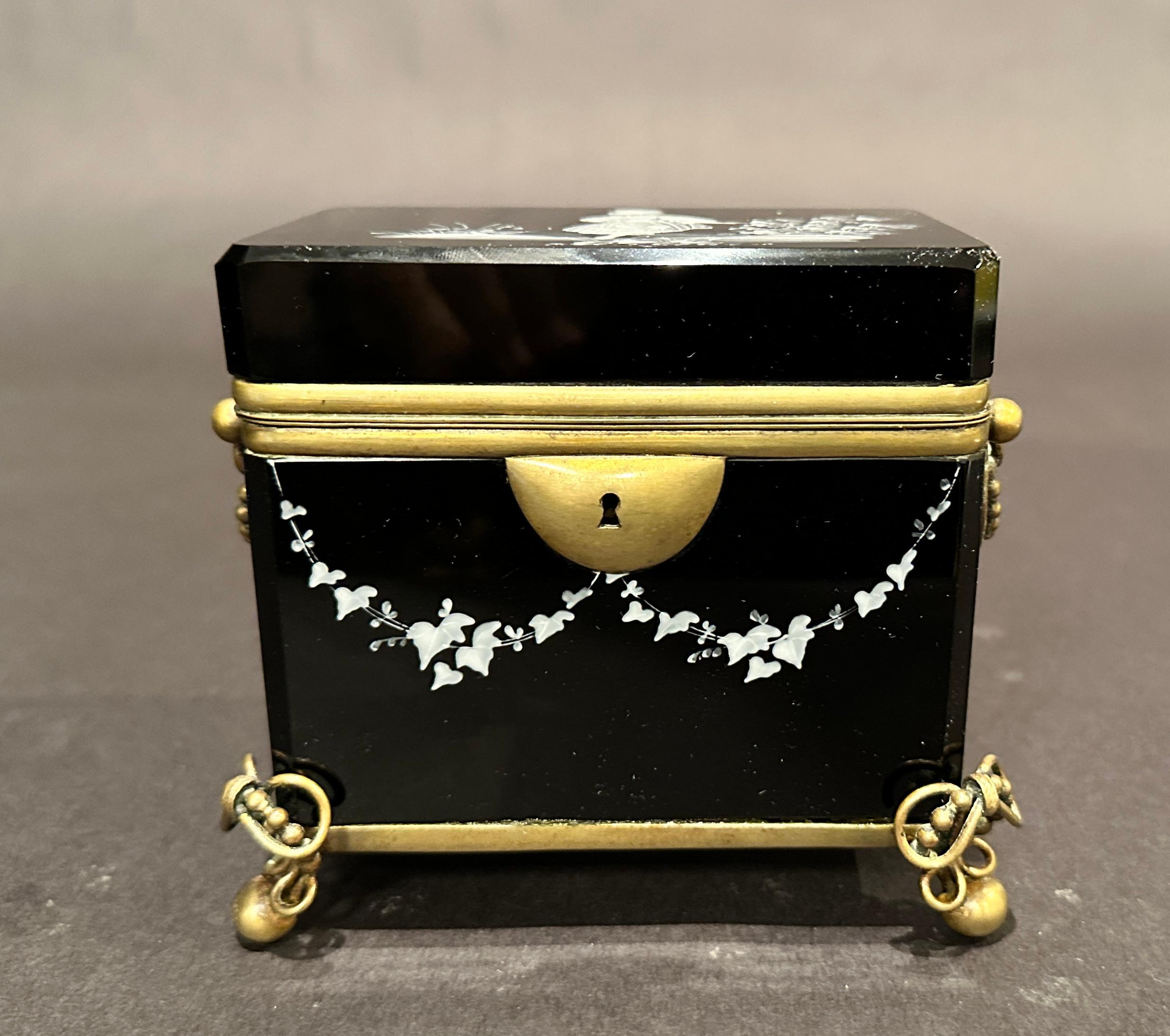 European Mary Gregory Painted Black Glass Perfume Box For Sale