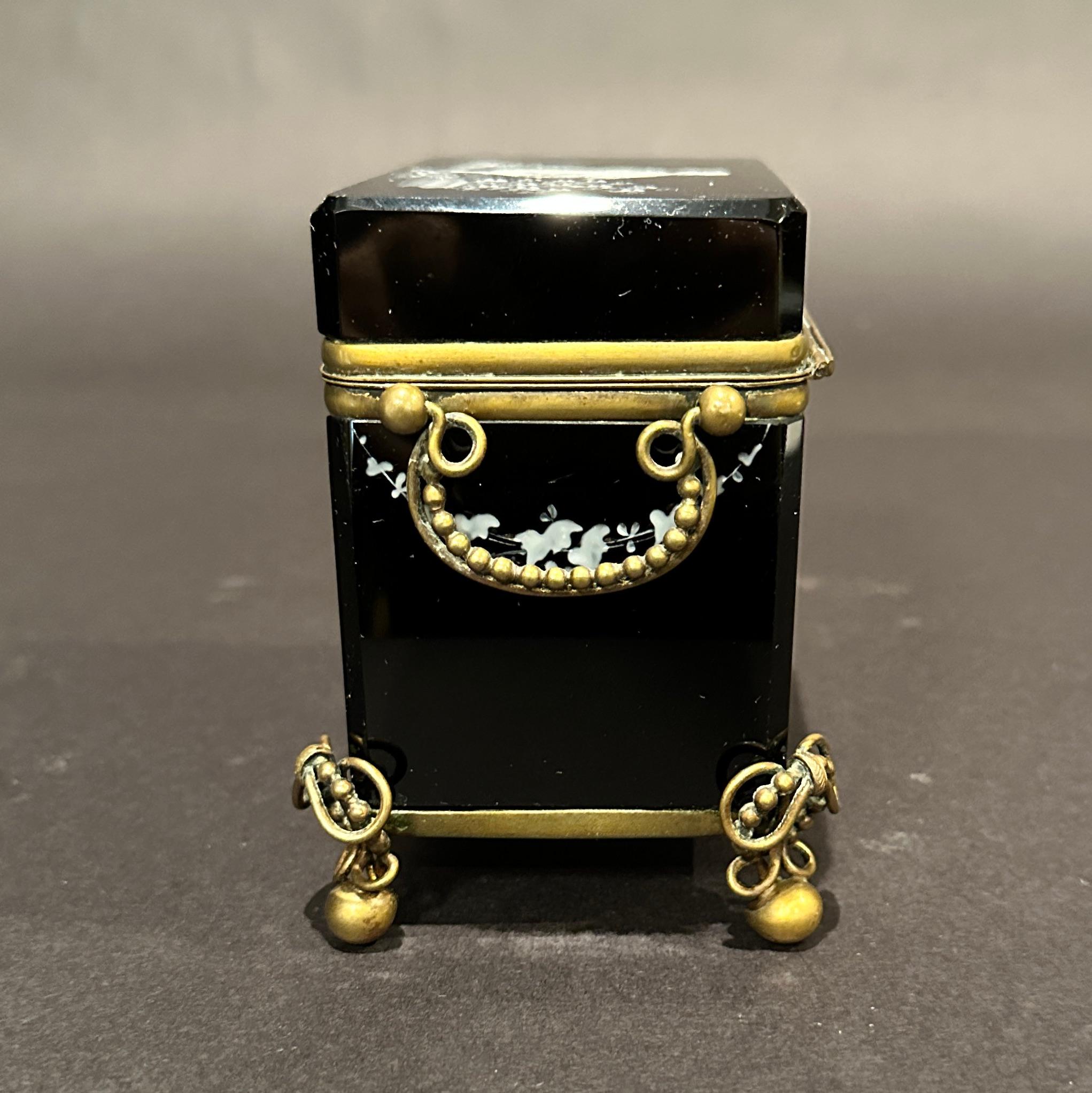 19th Century Mary Gregory Painted Black Glass Perfume Box For Sale