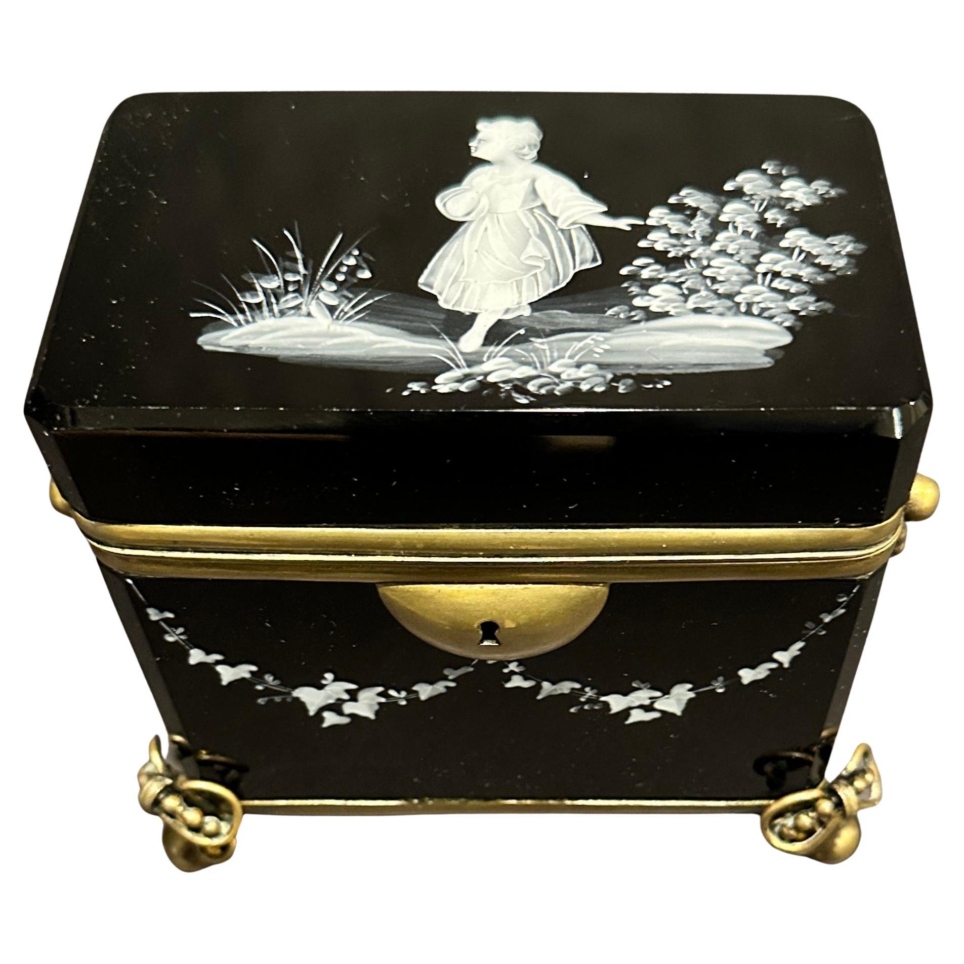 Mary Gregory Painted Black Glass Perfume Box For Sale
