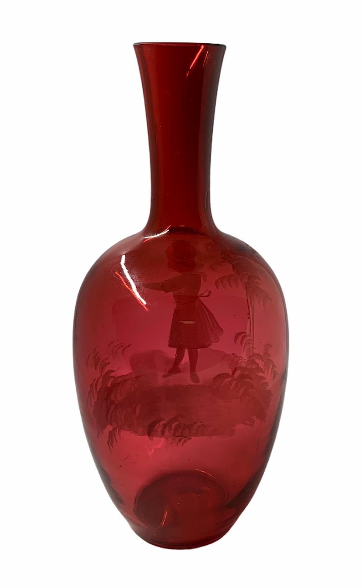 Enameled Mary Gregory Red Glass Single Bud Vase For Sale