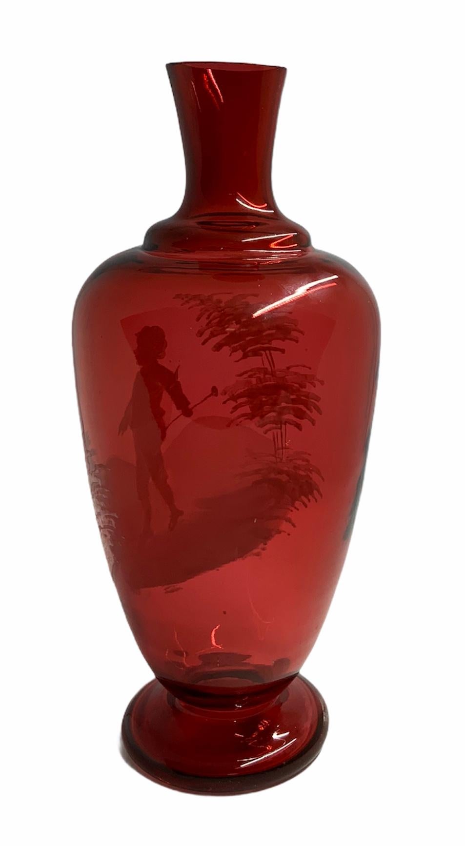American Mary Gregory Red Glass Single Bud Vase For Sale