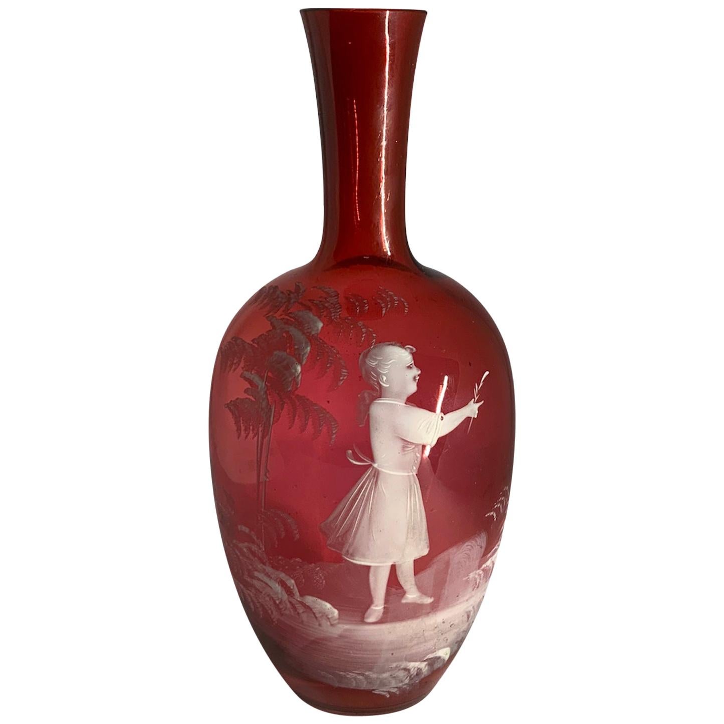 Vase à bourgeons unique en verre rouge Mary Gregory en vente