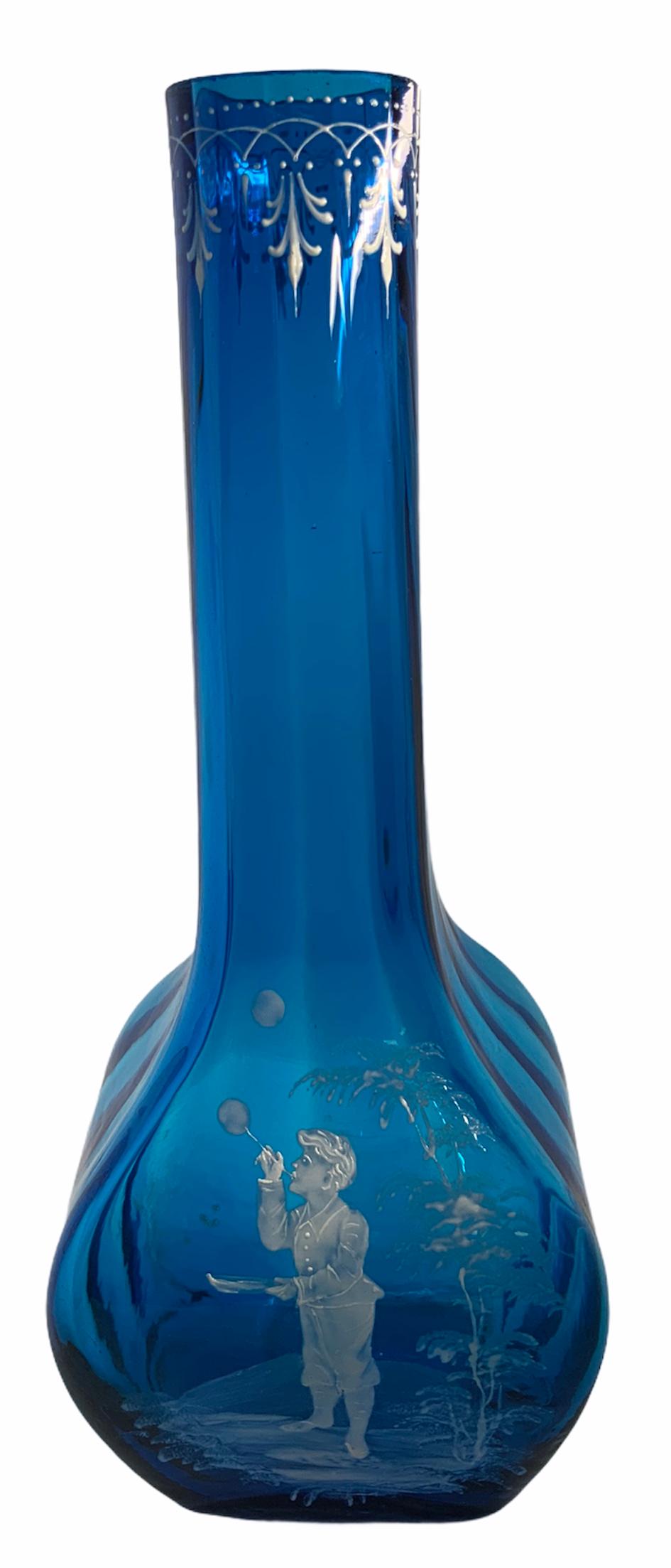 American Mary Gregory Royal Blue Glass Vase For Sale