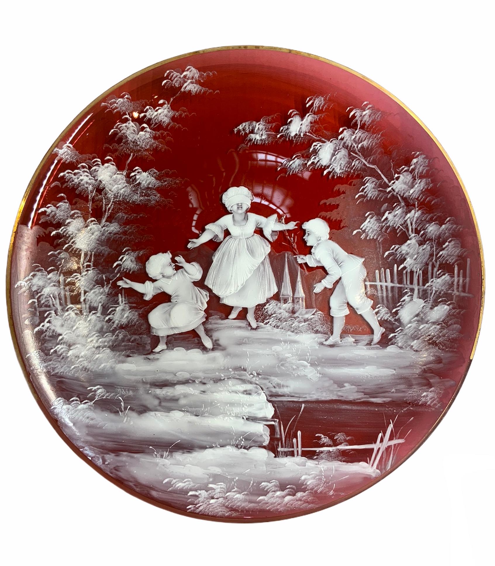 Victorian Mary Gregory Ruby Red Color Glass Enameled Plate
