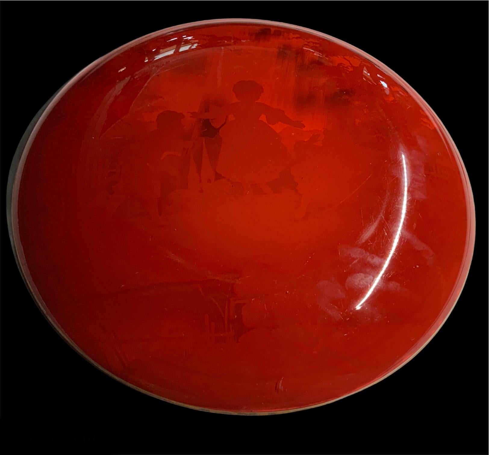 American Mary Gregory Ruby Red Color Glass Enameled Plate