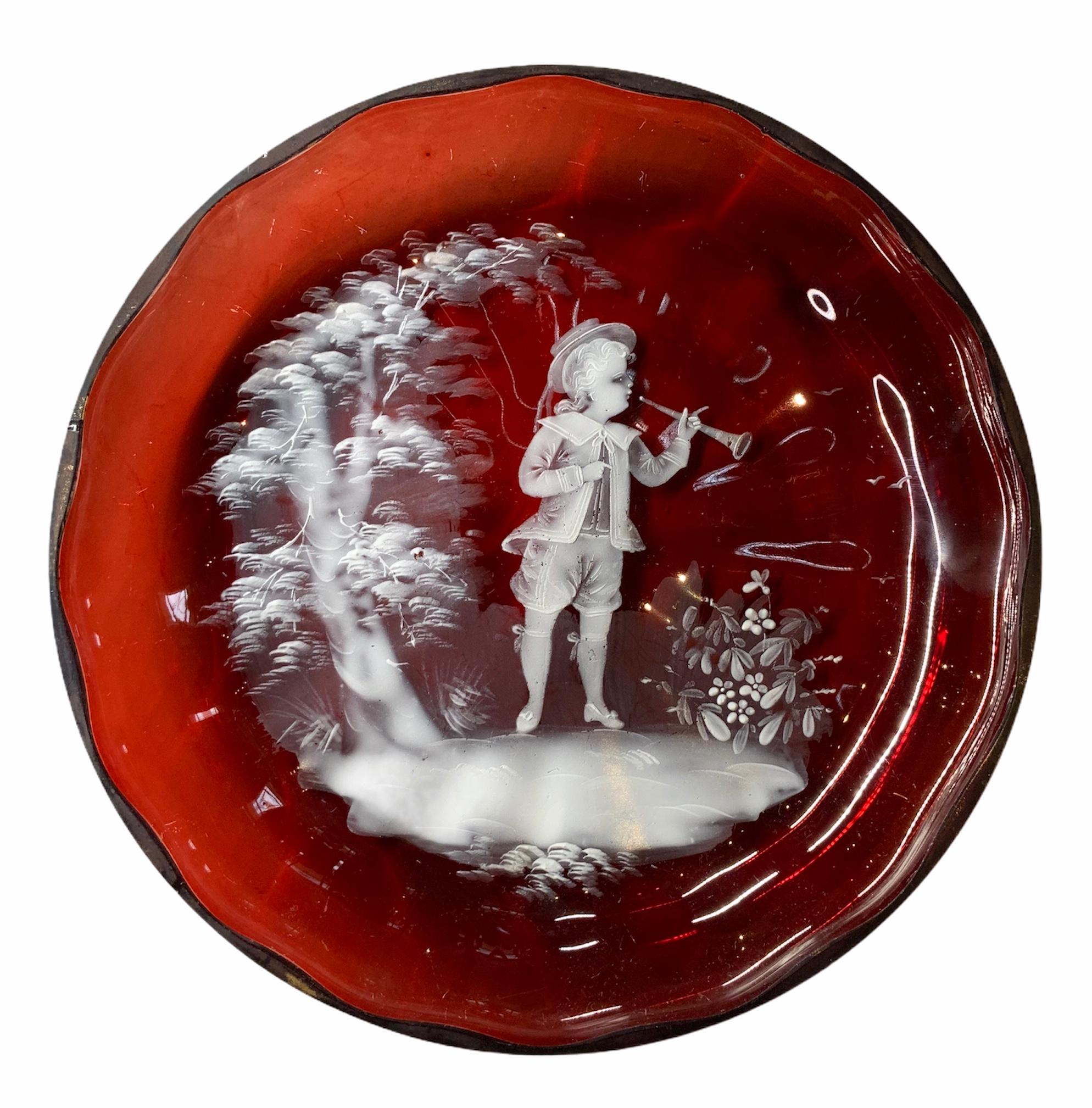 Victorian Mary Gregory Ruby Red Color Glass Enameled Plate For Sale