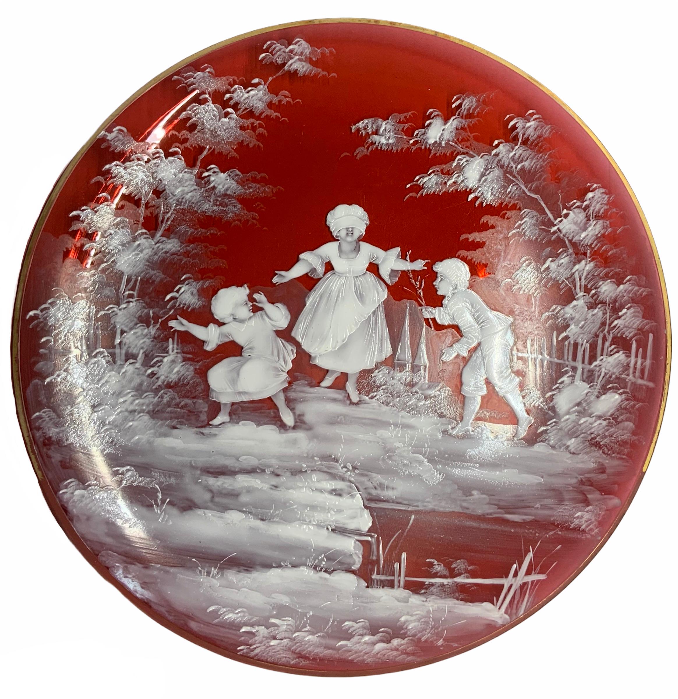 20th Century Mary Gregory Ruby Red Color Glass Enameled Plate