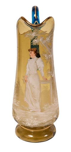 Mary Gregory Set of Amber and Blue Hand Painted Art Glass