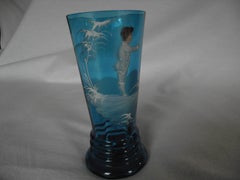 Mary Gregory Vase, Blue Glass Hand-Painted Enamel Scene Featuring Young Boy