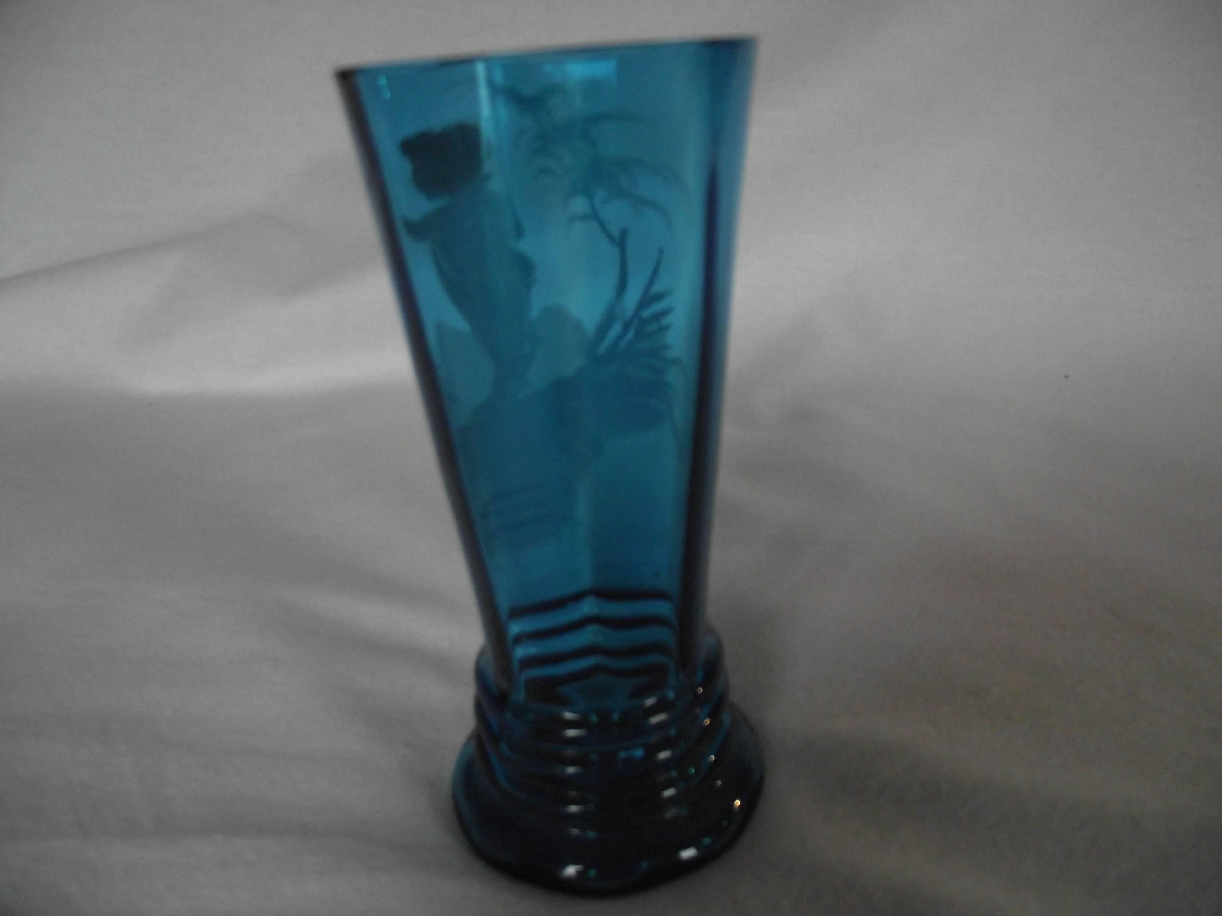 American Mary Gregory Vase, Blue Glass Hand-Painted Enamel Scene Featuring Young Boy For Sale