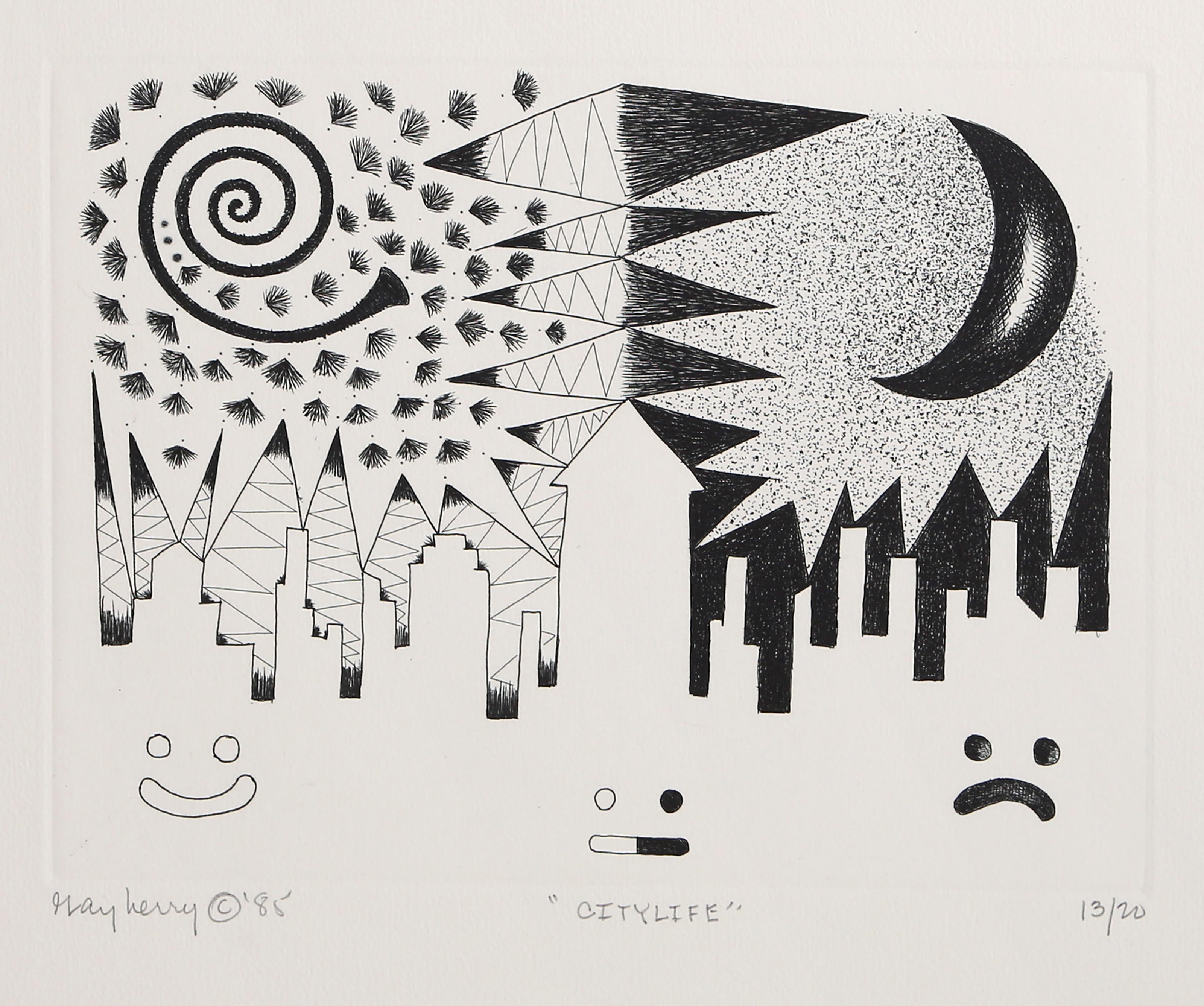 Citylife, Pop Art Etching by Mary Henry