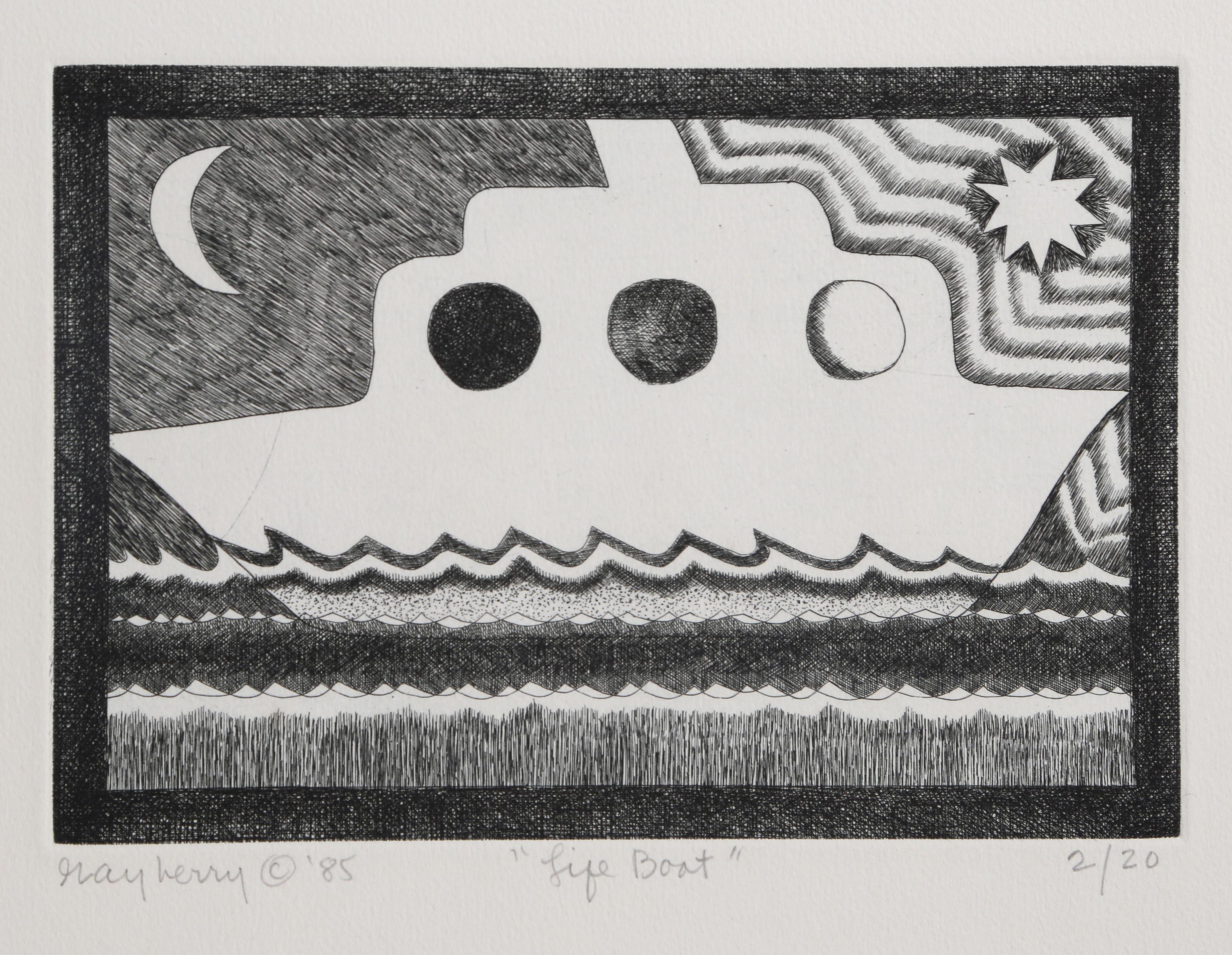 Mary Henry, American (1913 - 2009) - Life Boat, Year:  1985, Medium:  Etching on Arches, signed, titled, numbered and dated in pencil, Edition:  2/20, Image Size:  7 x 10.25 inches, Size:  19.75 x 25.75 in. (50.17 x 65.41 cm)