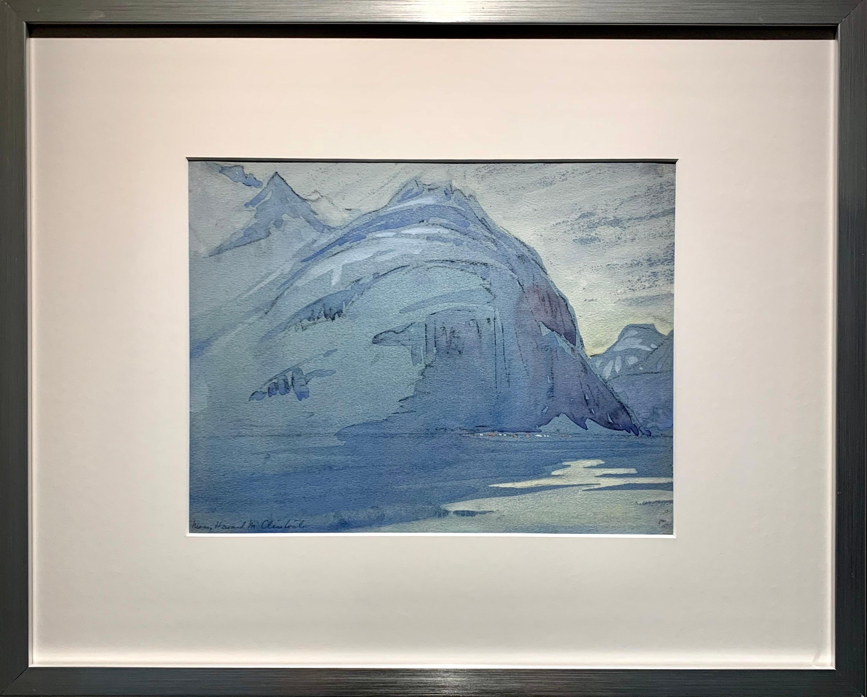 'Snow Capped Harbor Landscape' by Mary W. Howard, Framed 9.25" x 12" Watercolor