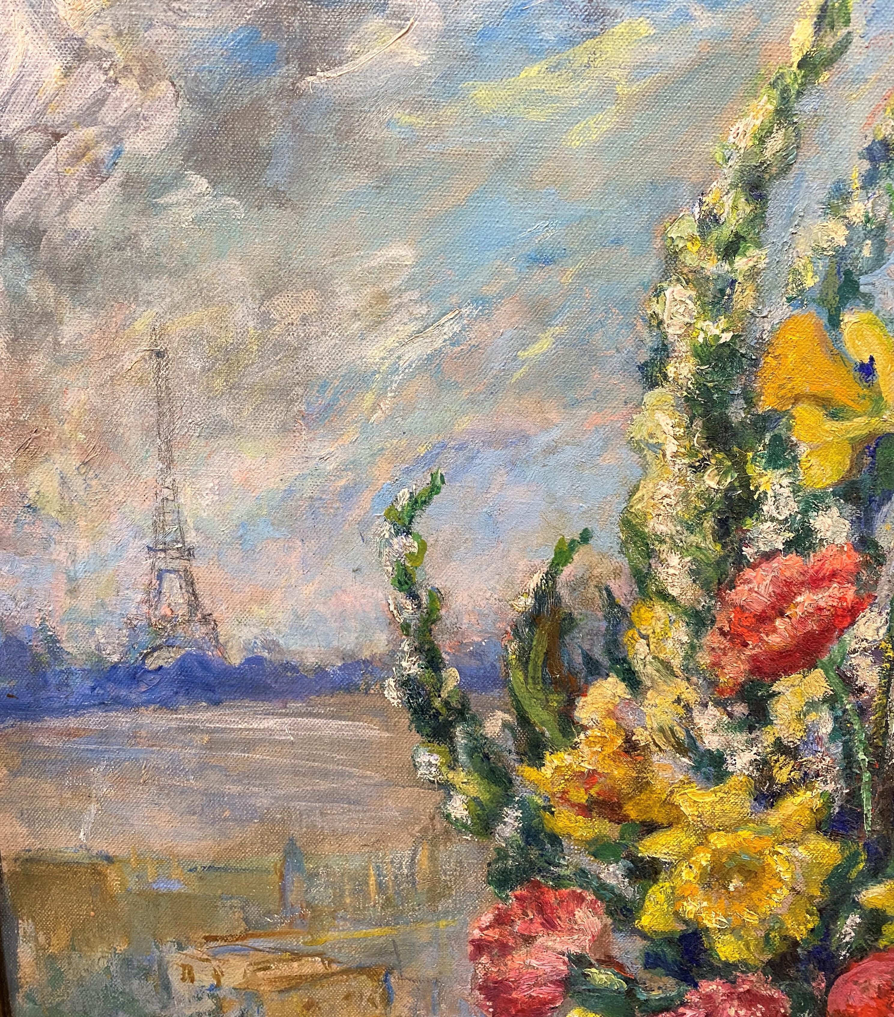 A fine still life with flowers in a vase with the Eiffel Tower in the background by American artist Mary Hutchinson Peixotto (1869-1956). Peixotto was born in San Francisco, studied in San Francisco at the School of Design under Emil Carisen and