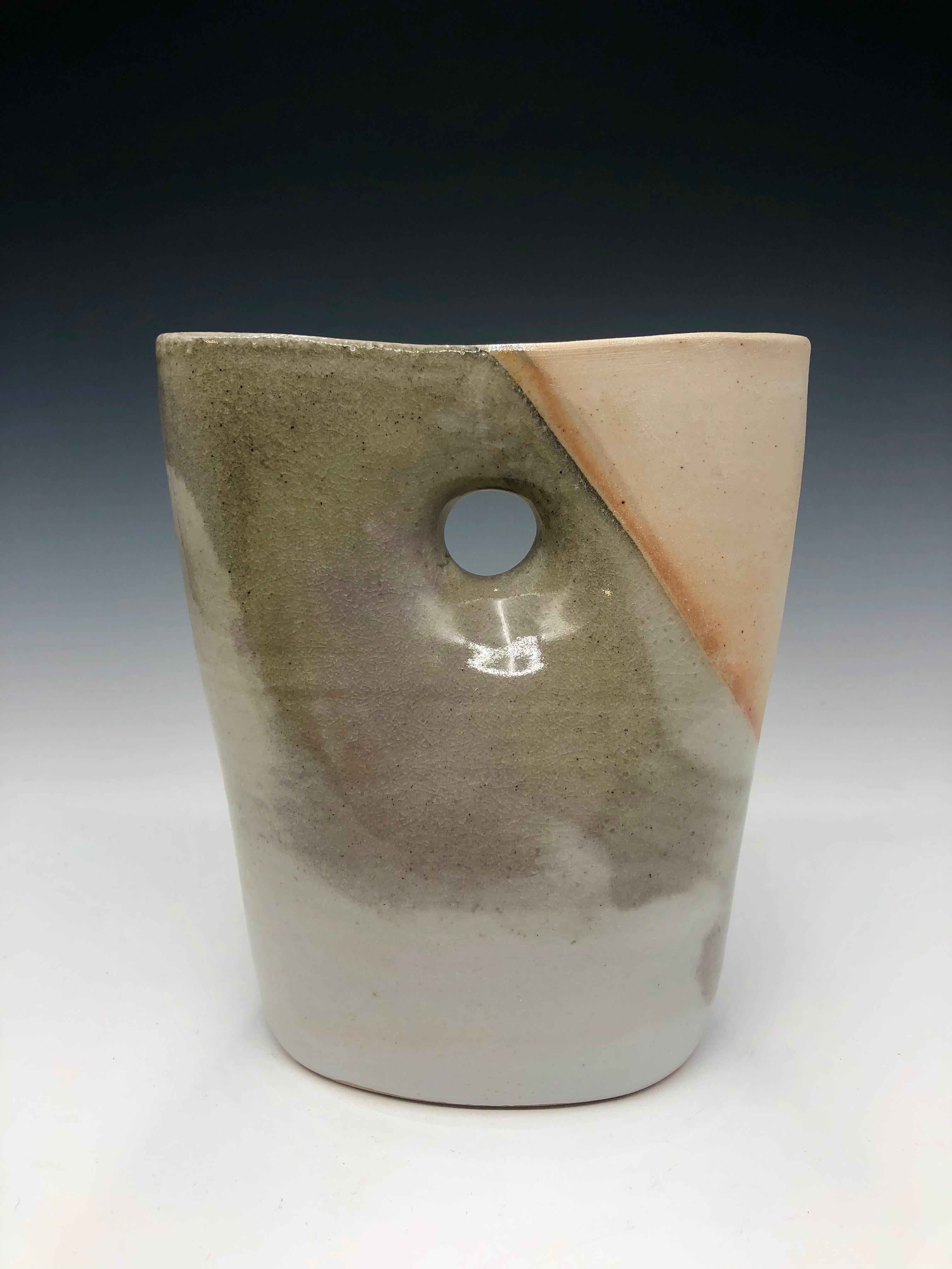 Grey Oval Pinched Vase - Grey Porcelain Sculptural Vessel - Abstract Sculpture by Mary Jaffe