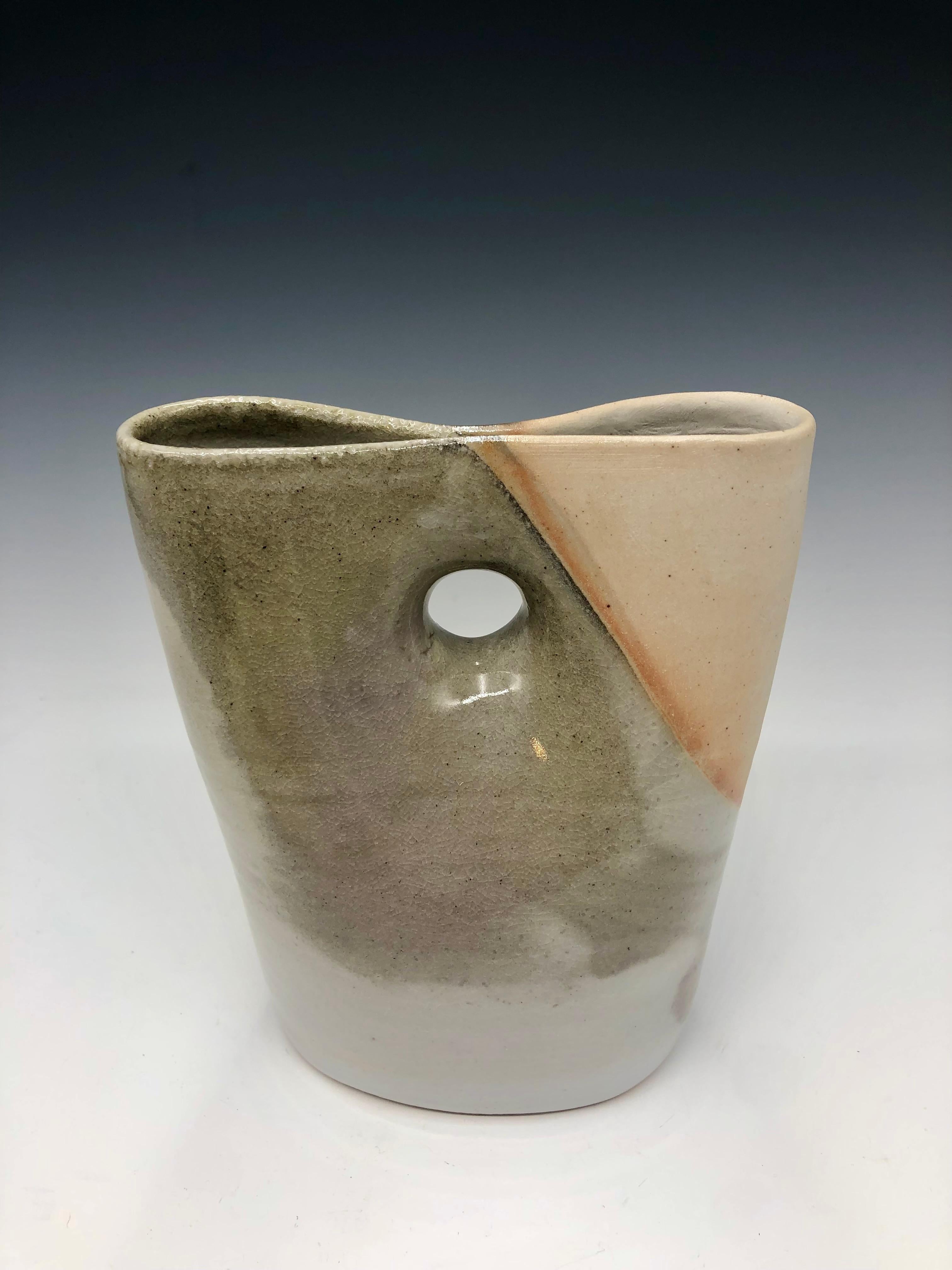 Grey Oval Pinched Vase - Grey Porcelain Sculptural Vessel - Gray Still-Life Sculpture by Mary Jaffe