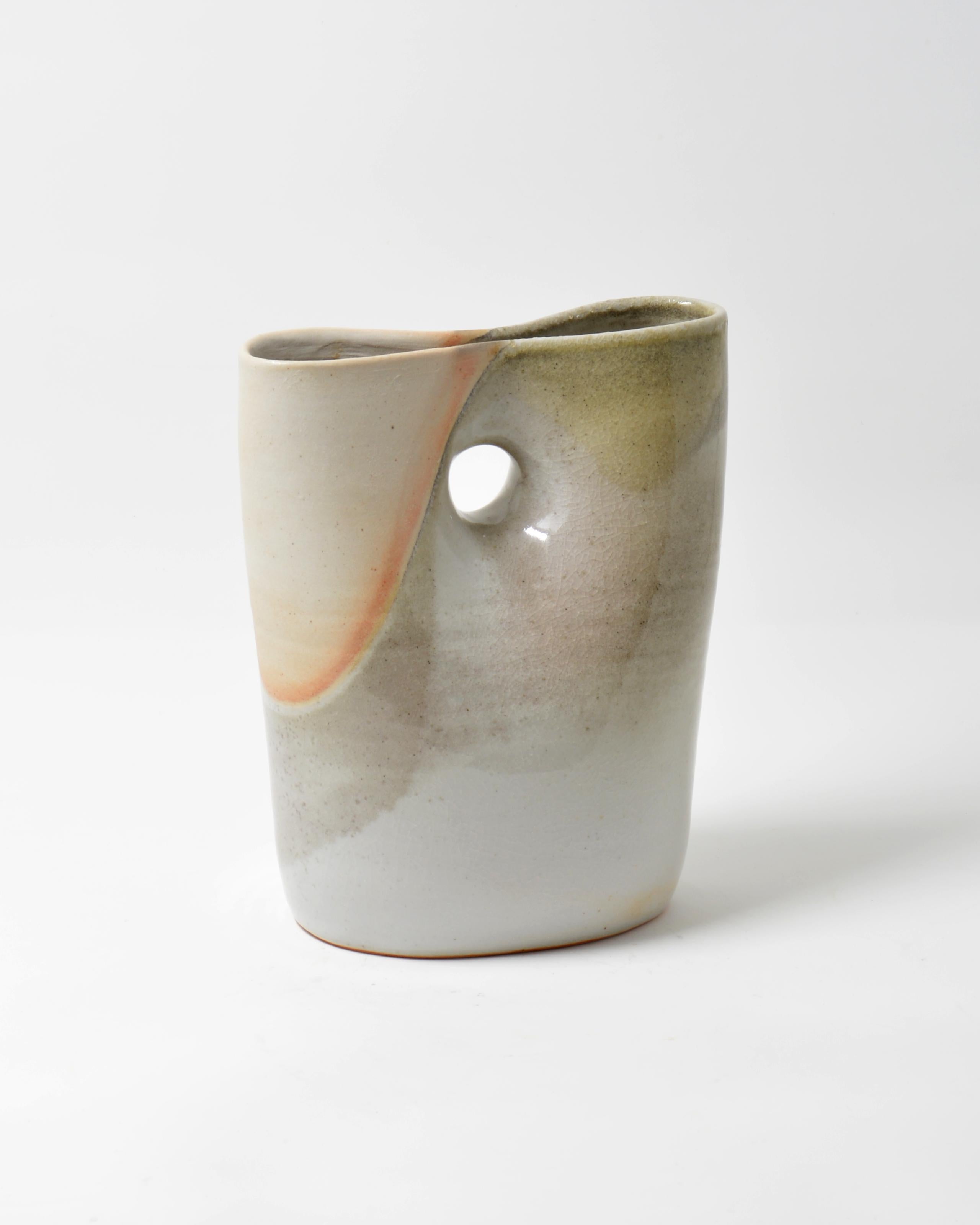 Mary Jaffe Still-Life Sculpture - Grey Oval Pinched Vase - Grey Porcelain Sculptural Vessel