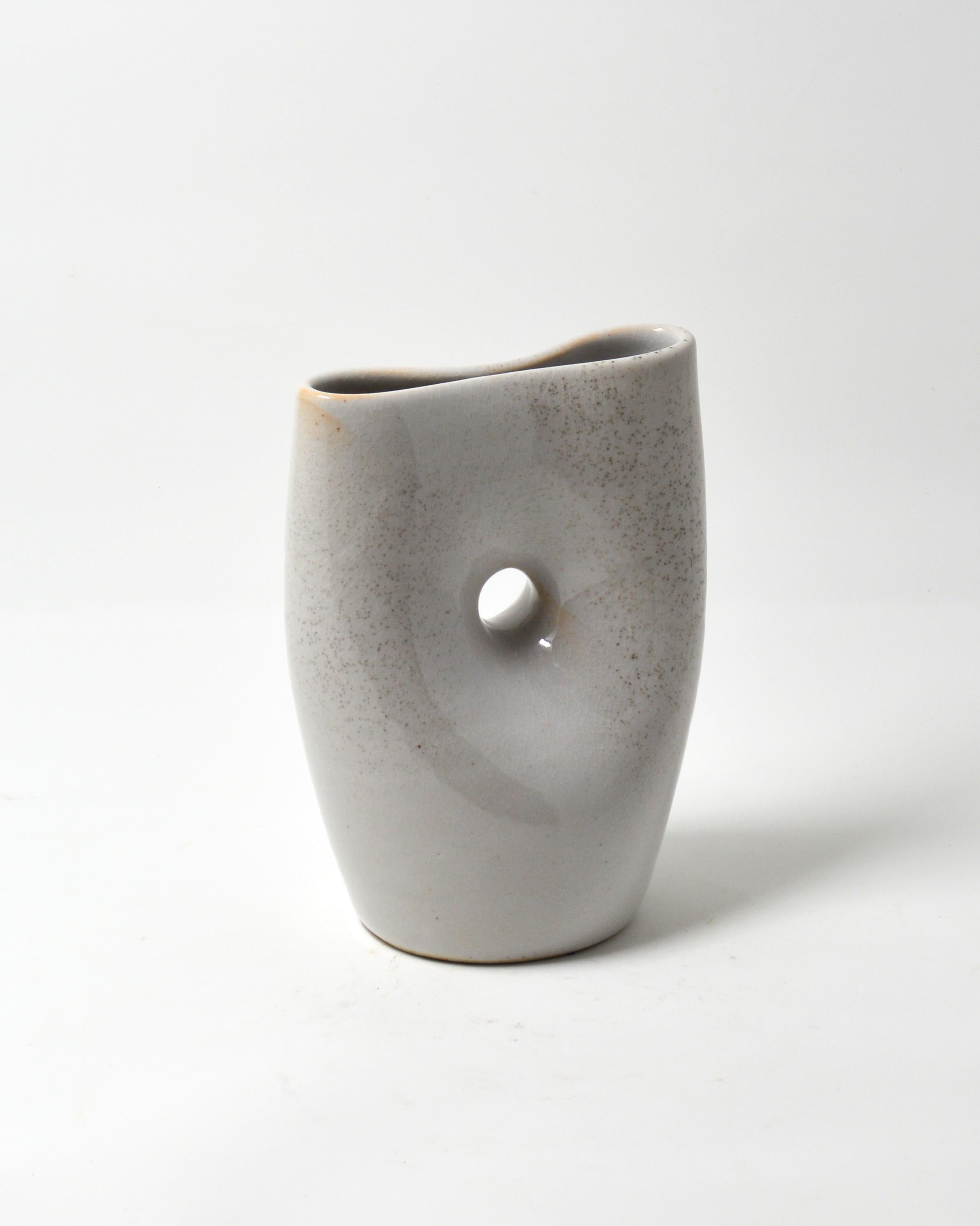 Grey Oval Pinched Vase - Porcelain Sculpture Vessel - Gray Abstract Sculpture by Mary Jaffe