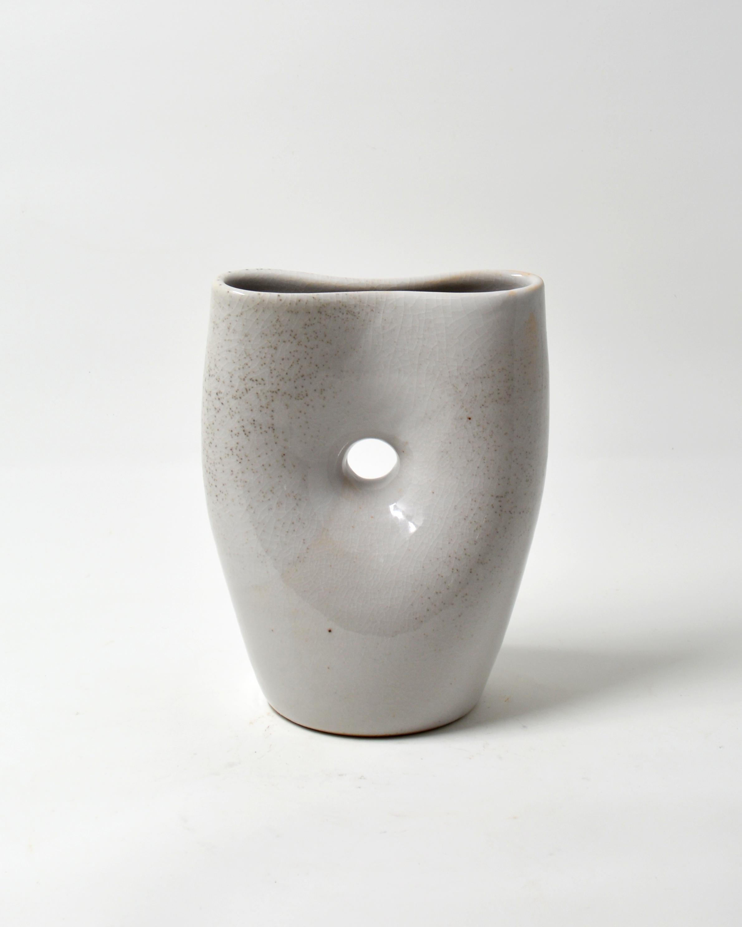 Mary Jaffe Abstract Sculpture - Grey Oval Pinched Vase - Porcelain Sculpture Vessel