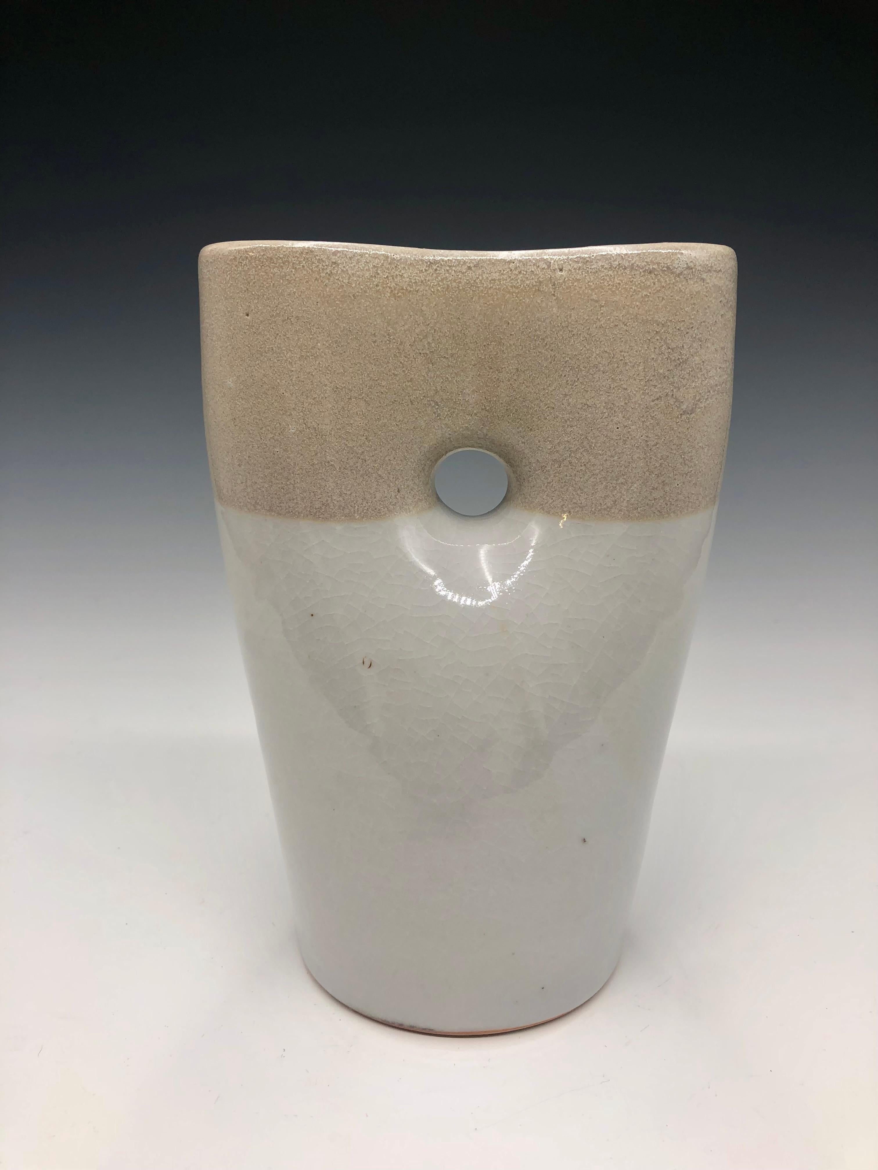 Two Tone Oval Pinched Vase - Grey Porcelain Sculptural Vessel - Abstract Sculpture by Mary Jaffe