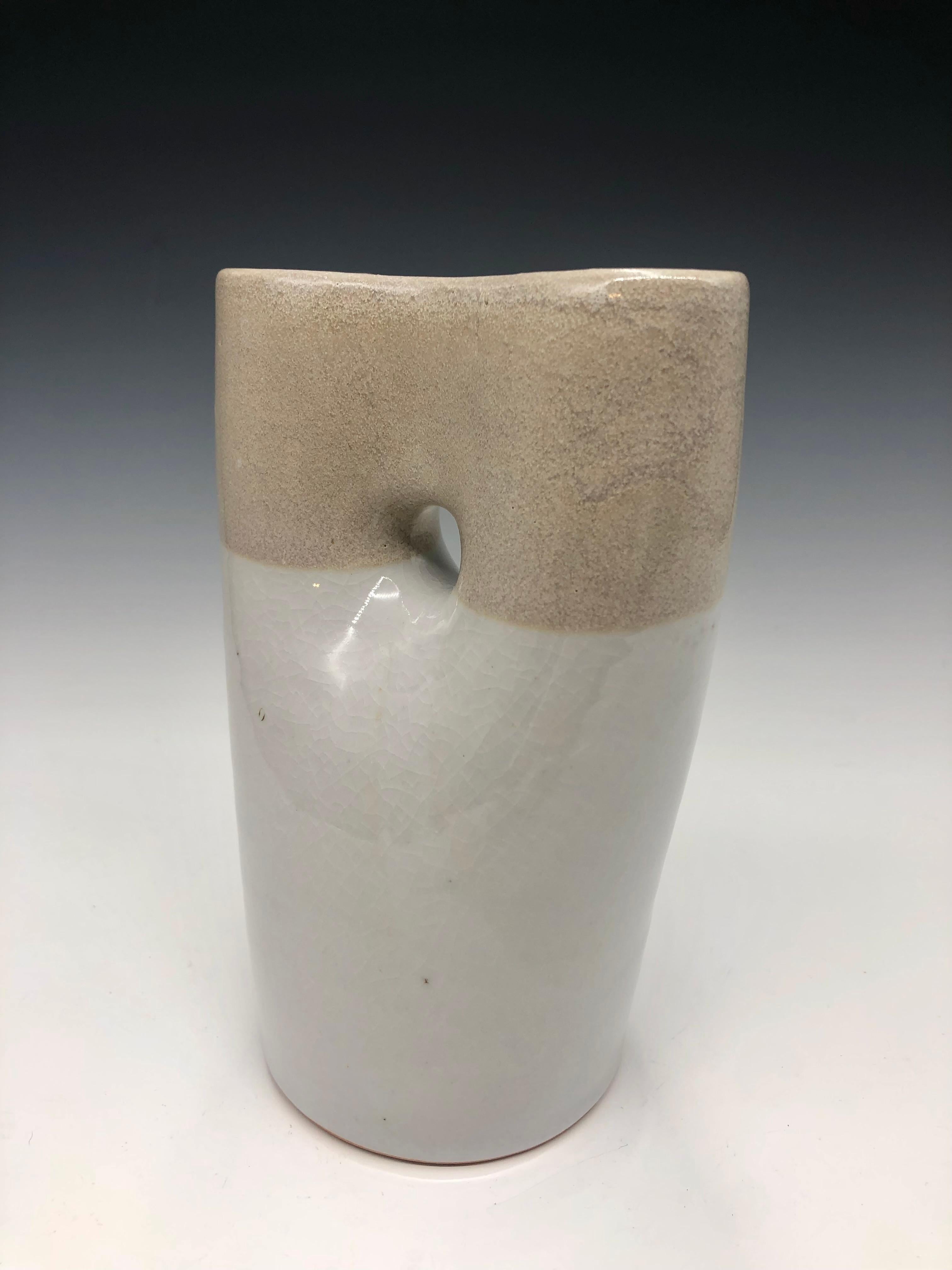 Two Tone Oval Pinched Vase - Grey Porcelain Sculptural Vessel - Gray Abstract Sculpture by Mary Jaffe
