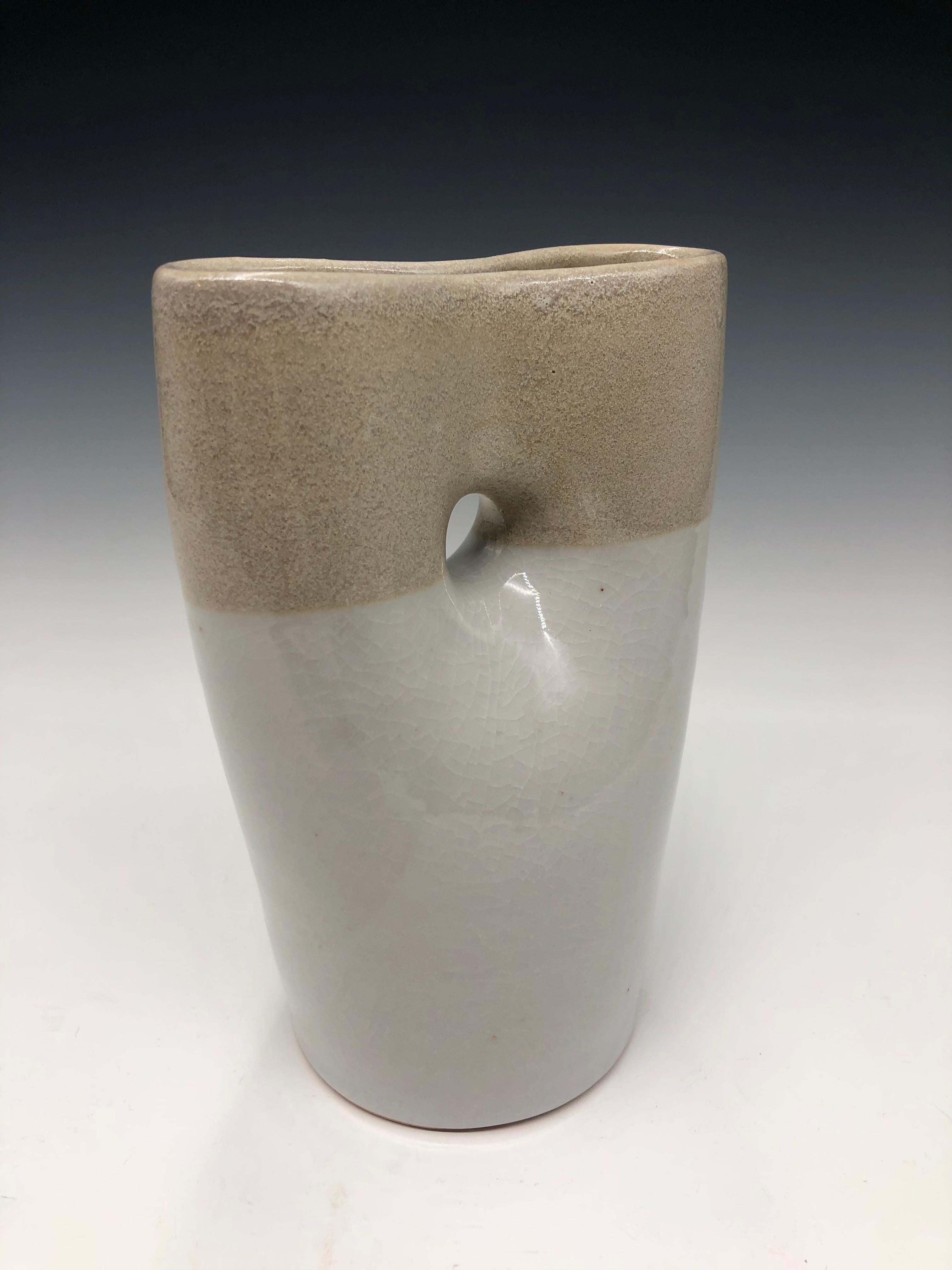 Two Tone Oval Pinched Vase - Grey Porcelain Sculptural Vessel For Sale 2