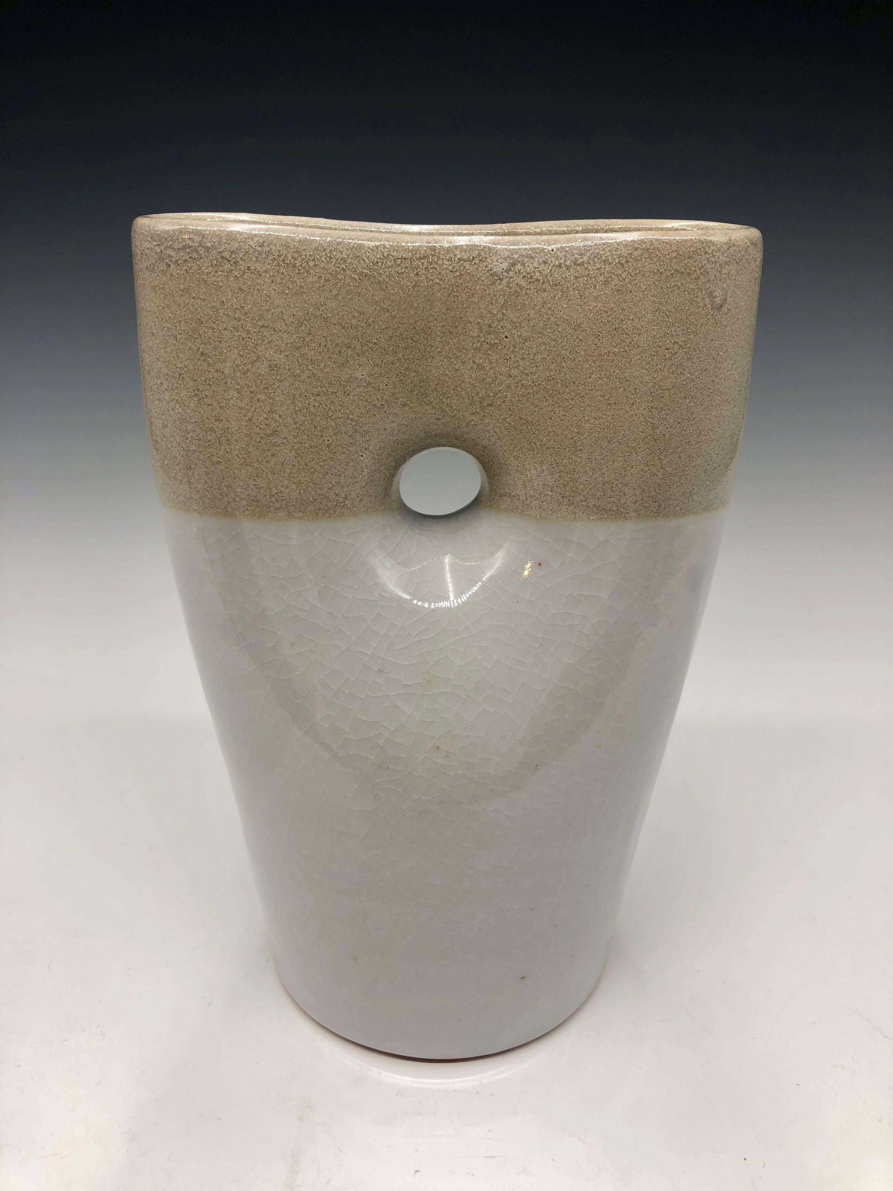 Two Tone Oval Pinched Vase - Grey Porcelain Sculptural Vessel For Sale 3