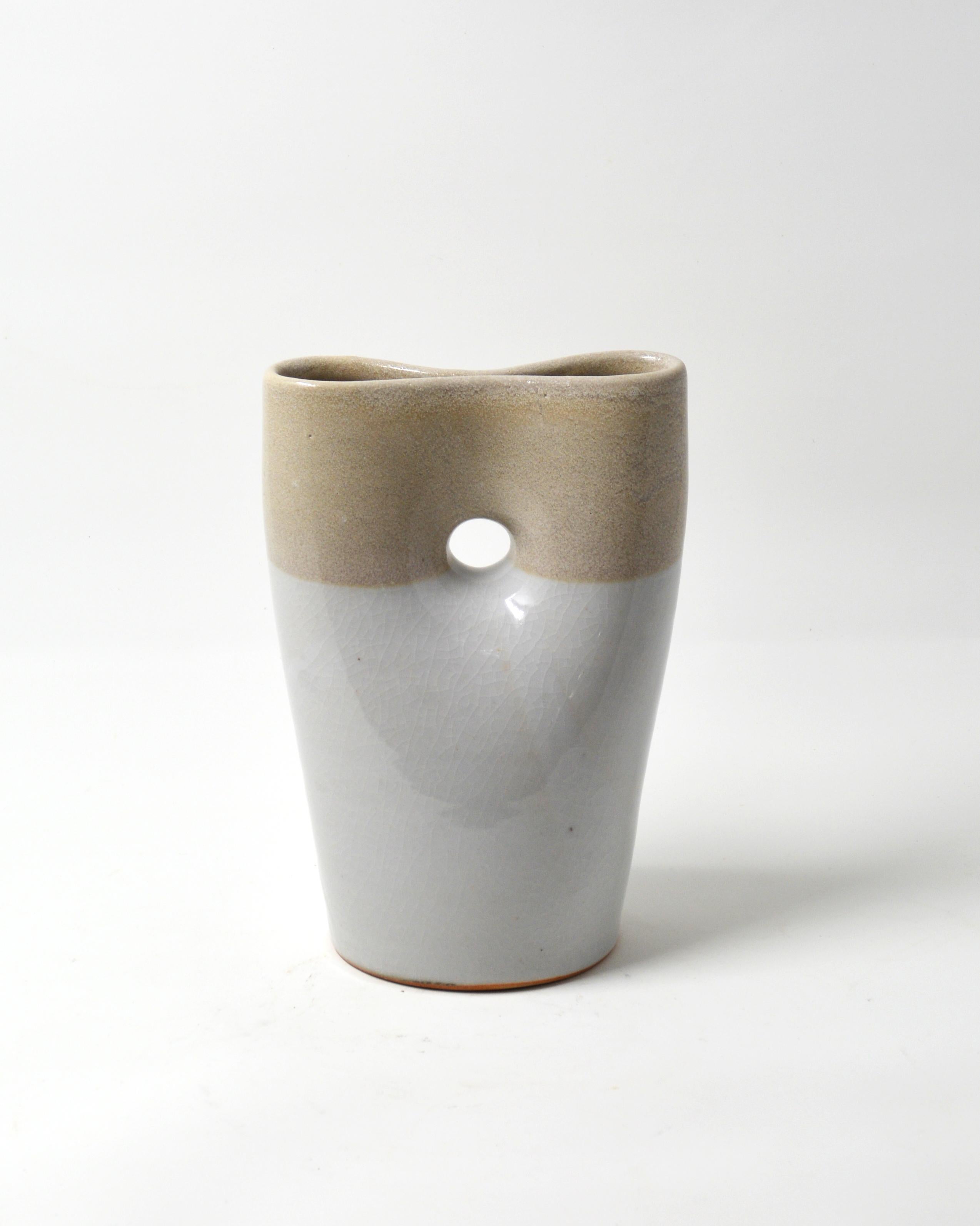 Mary Jaffe Abstract Sculpture - Two Tone Oval Pinched Vase - Grey Porcelain Sculptural Vessel