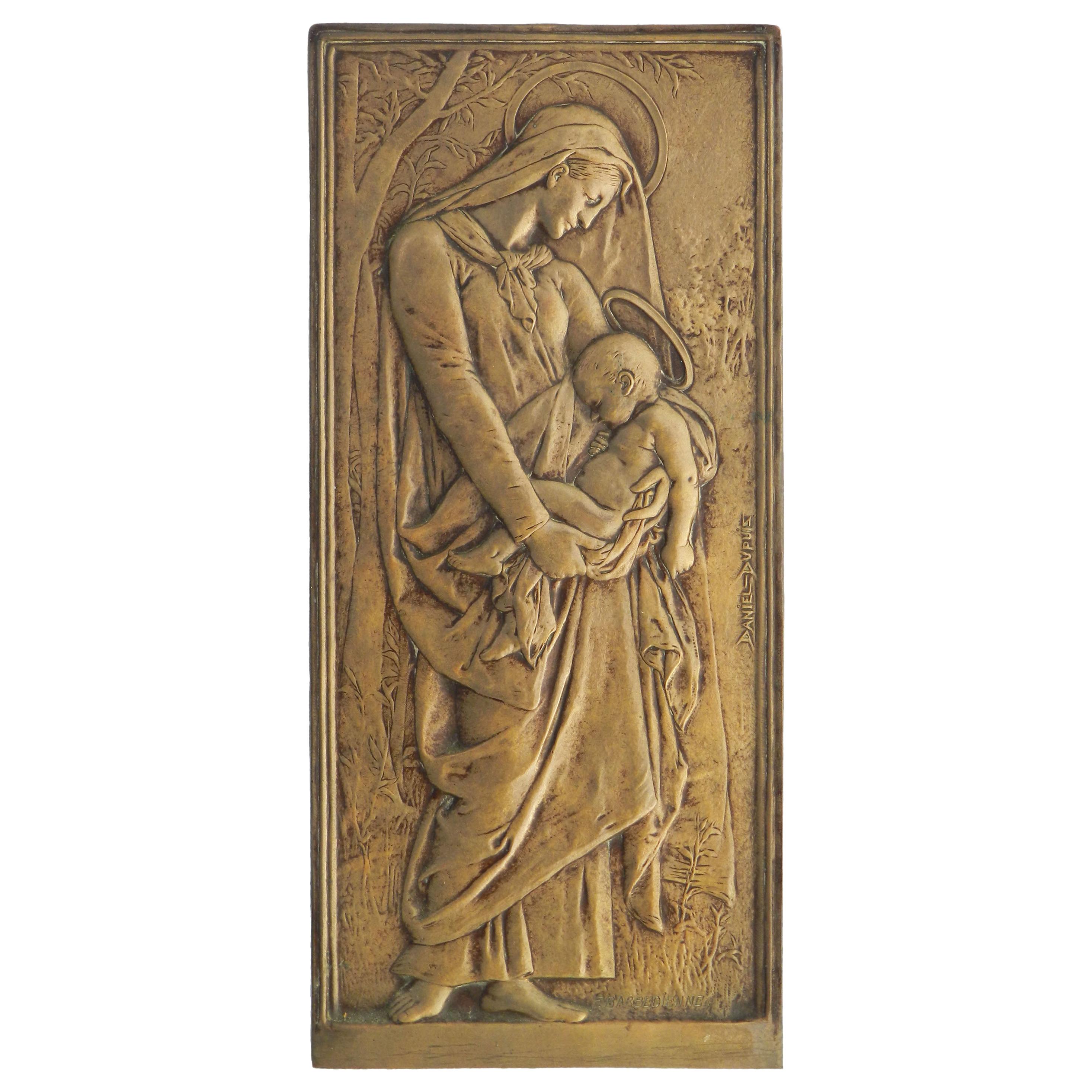 Madonna Jesus Art Nouveau Plaque Bronze Signed Daniel Dupuis Belle Epoque