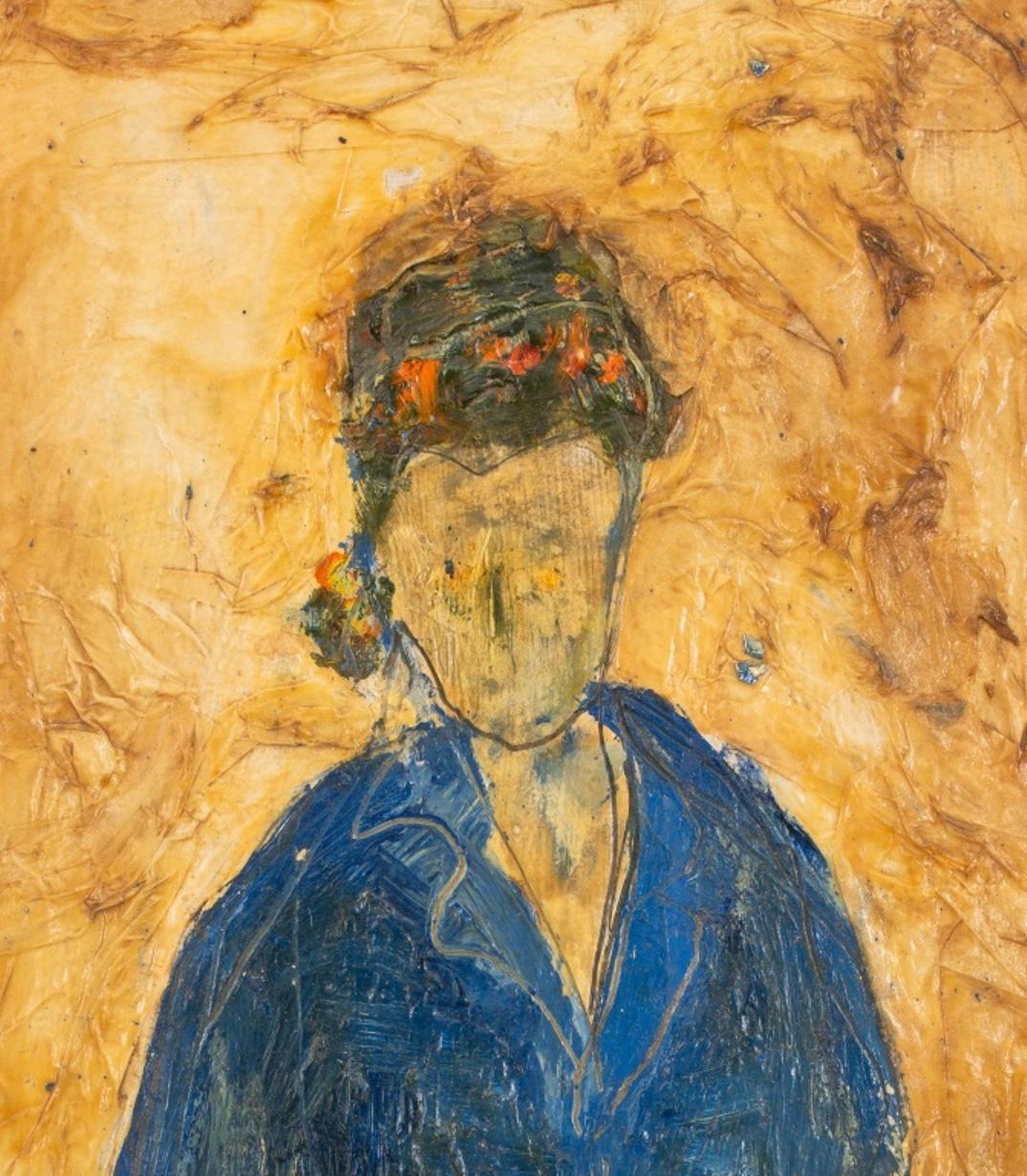 Mary Jo Schwalbach (American, b. 1939), Portrait of a Lady, oil on wood, apparently unsigned, unframed. 

Dimensions: 20.25