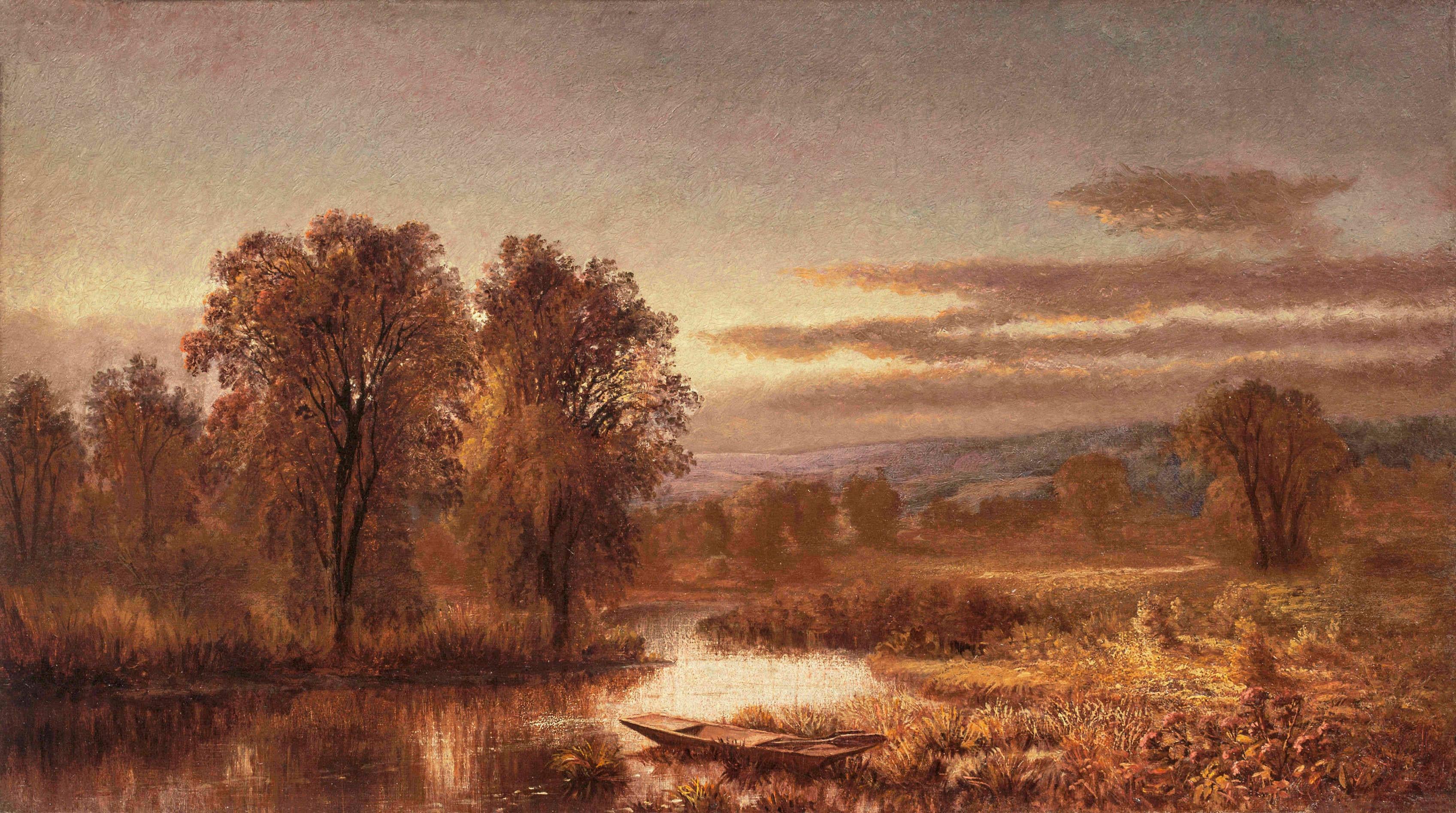 Autumn River with Punt in the Reeds by M.J. Walters (American, 1837-1883) - Painting by Mary Josephine Walters