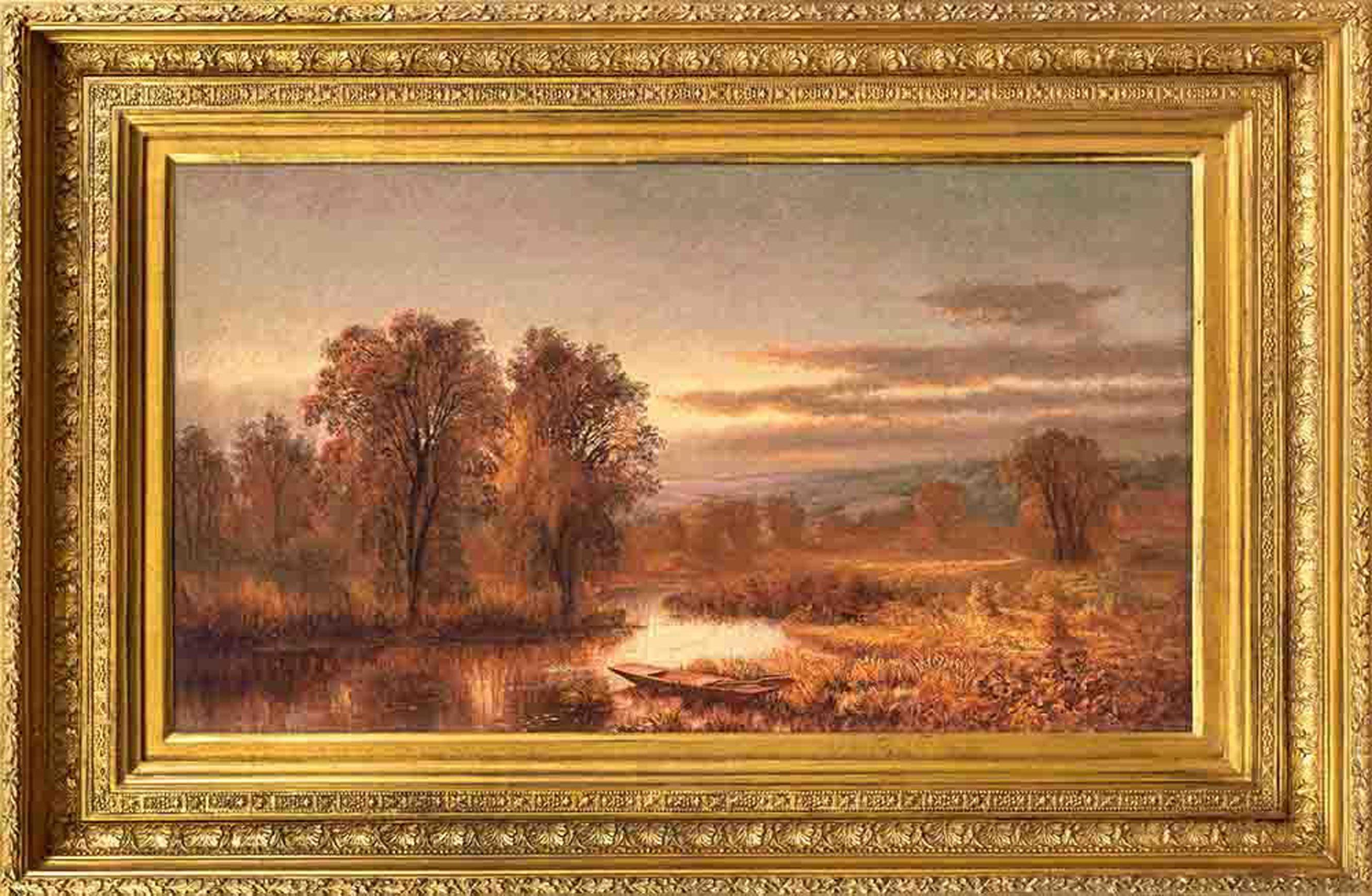 Autumn River with Punt in the Reeds by M.J. Walters (American, 1837-1883)