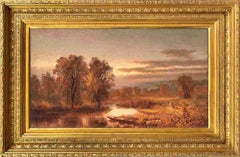 Antique Autumn River with Punt in the Reeds by M.J. Walters (American, 1837-1883)
