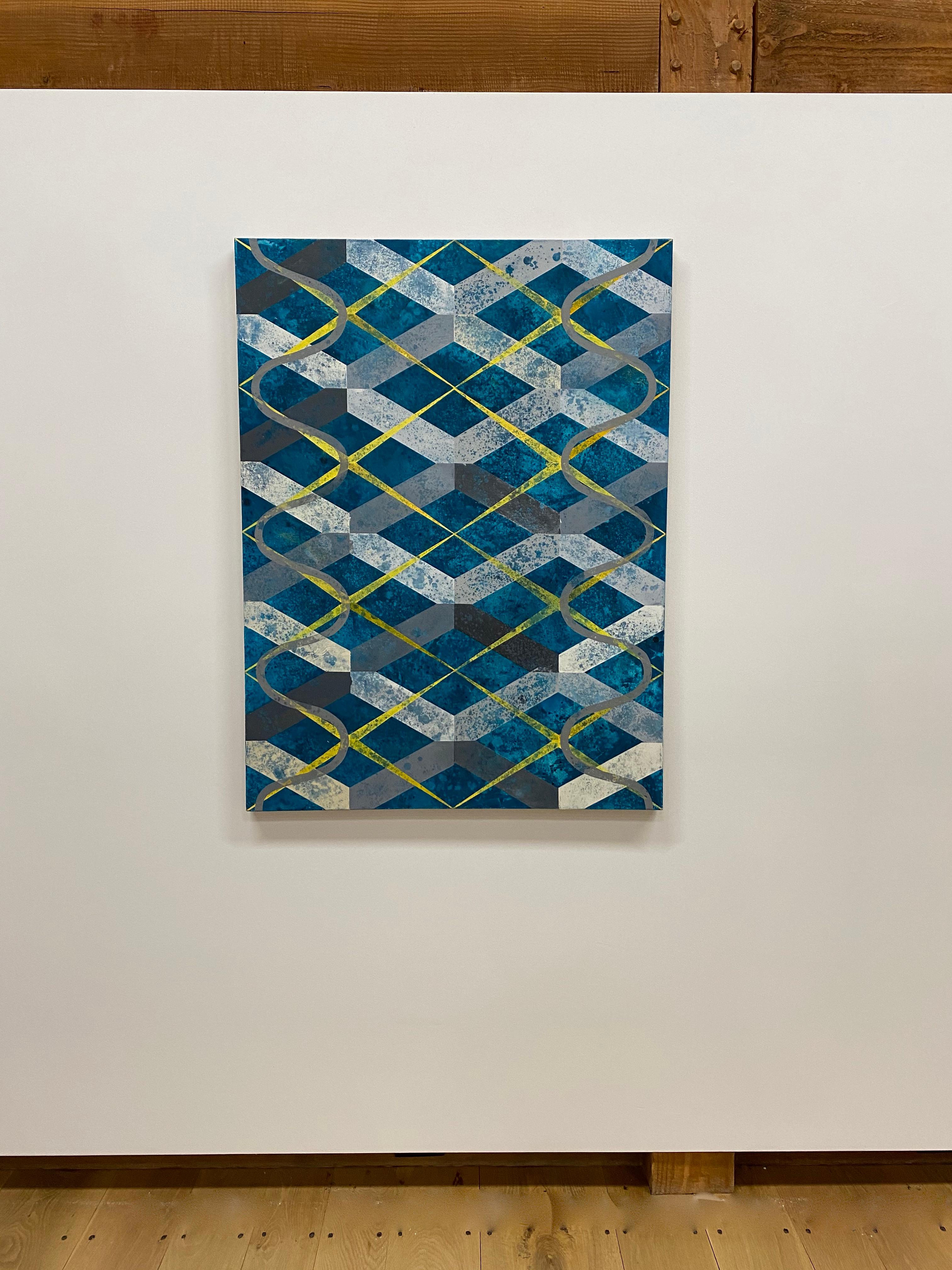 Sogno di un fiume verso il mare - Disegno geometrico astratto giallo turchese, 2020 - Painting di Mary Judge