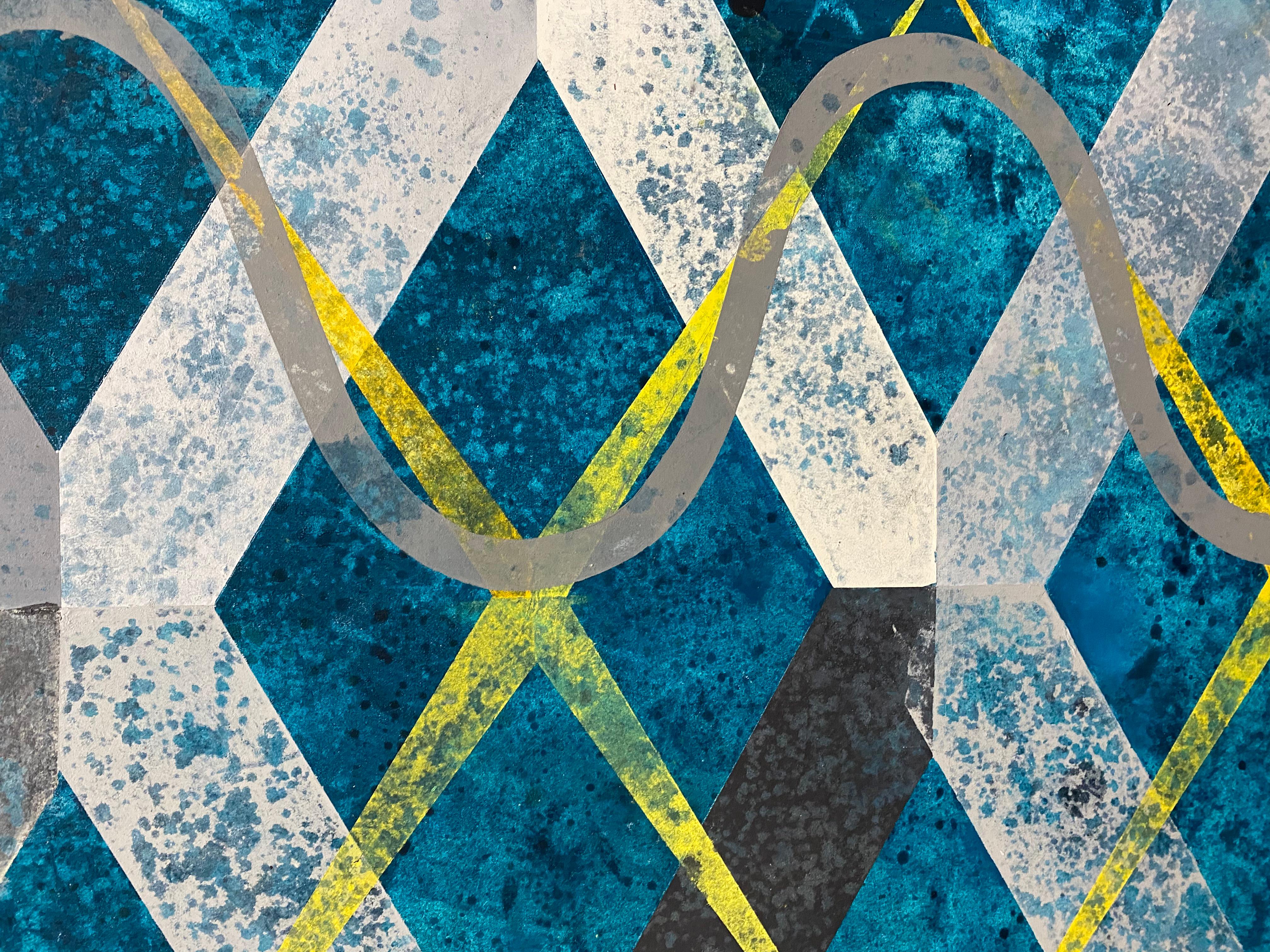 Dream of a River to the Sea, Turquoise Blue, Yellow Geometric Abstract Pattern For Sale 1