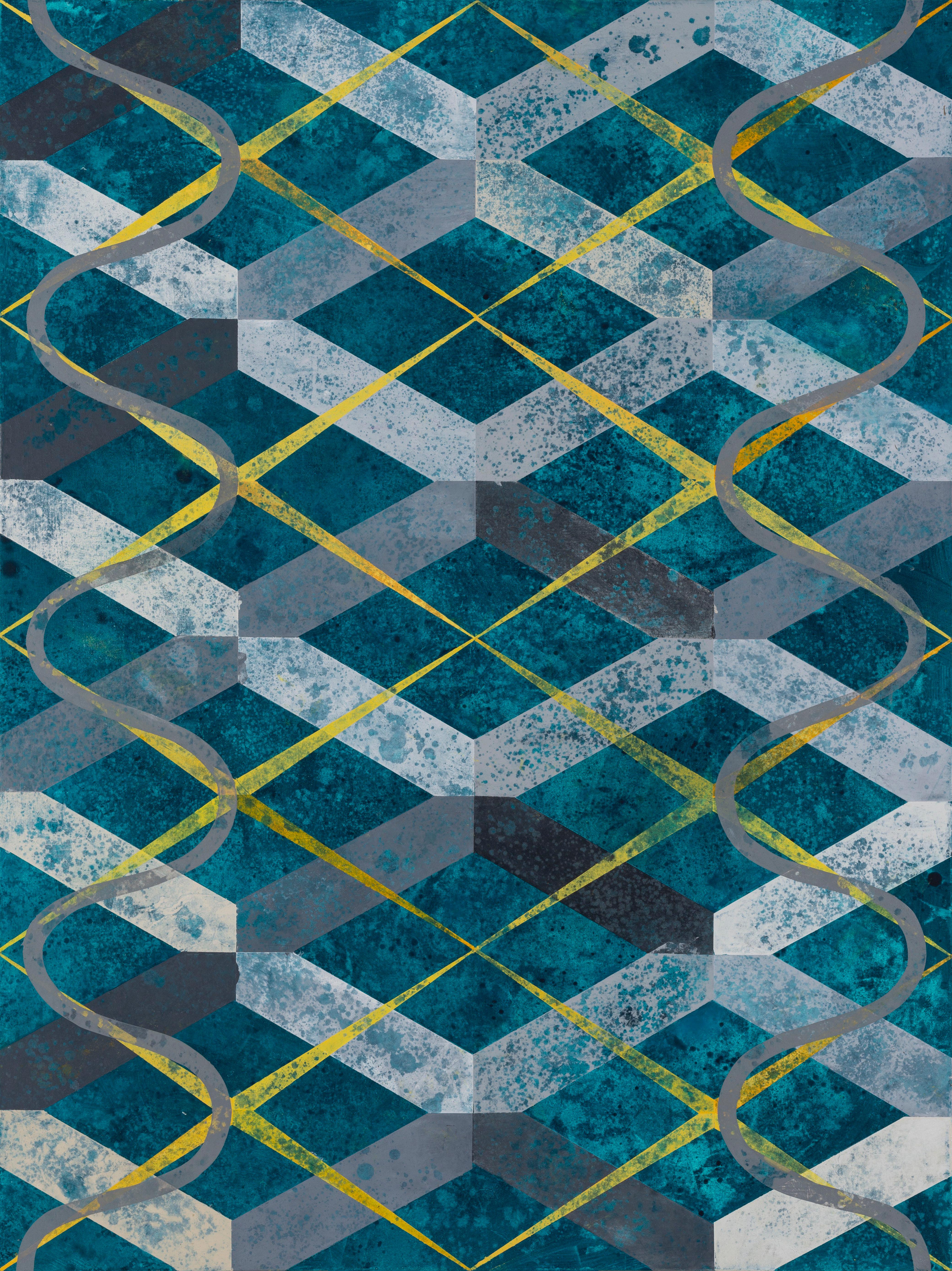 Mary Judge Abstract Painting - Dream of a River to the Sea, Turquoise Blue, Yellow Geometric Abstract Pattern