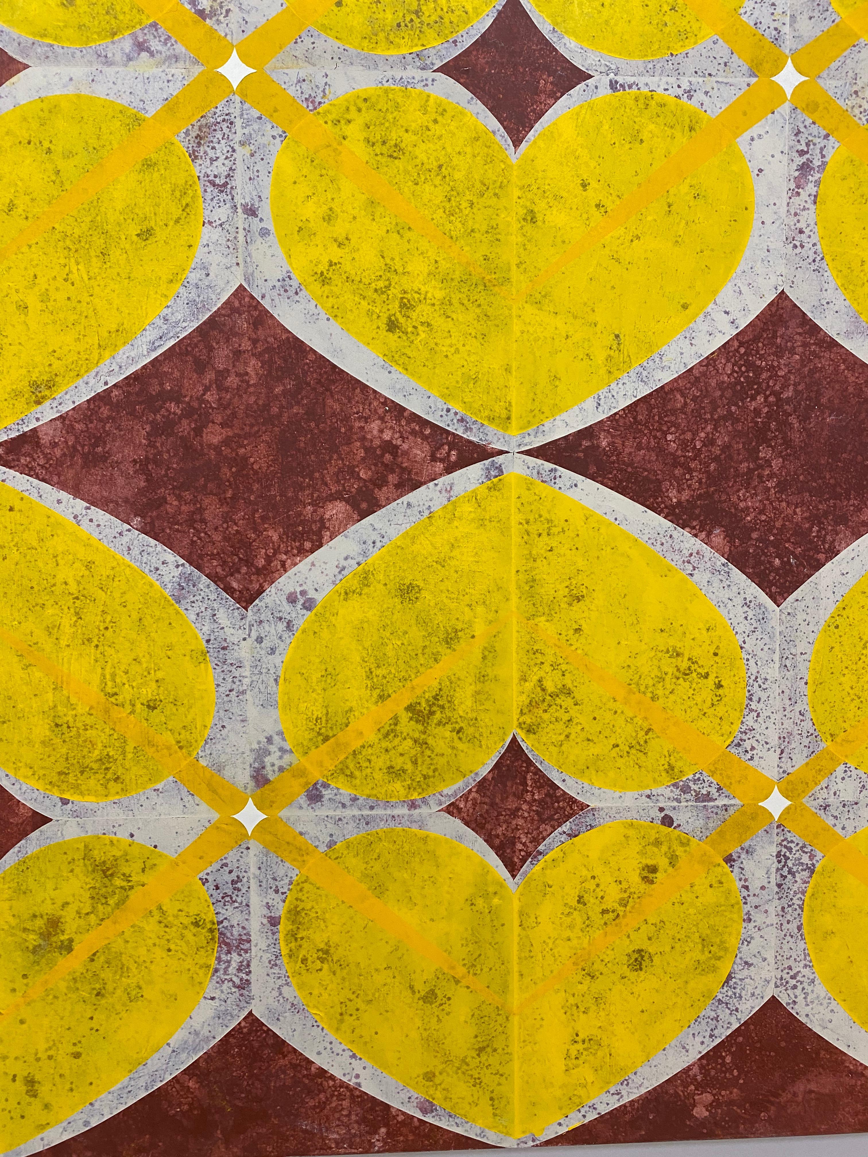 King of Daffs II - Golden Yellow Garnet Red White Geometric Pattern, 2020 - Orange Abstract Painting by Mary Judge